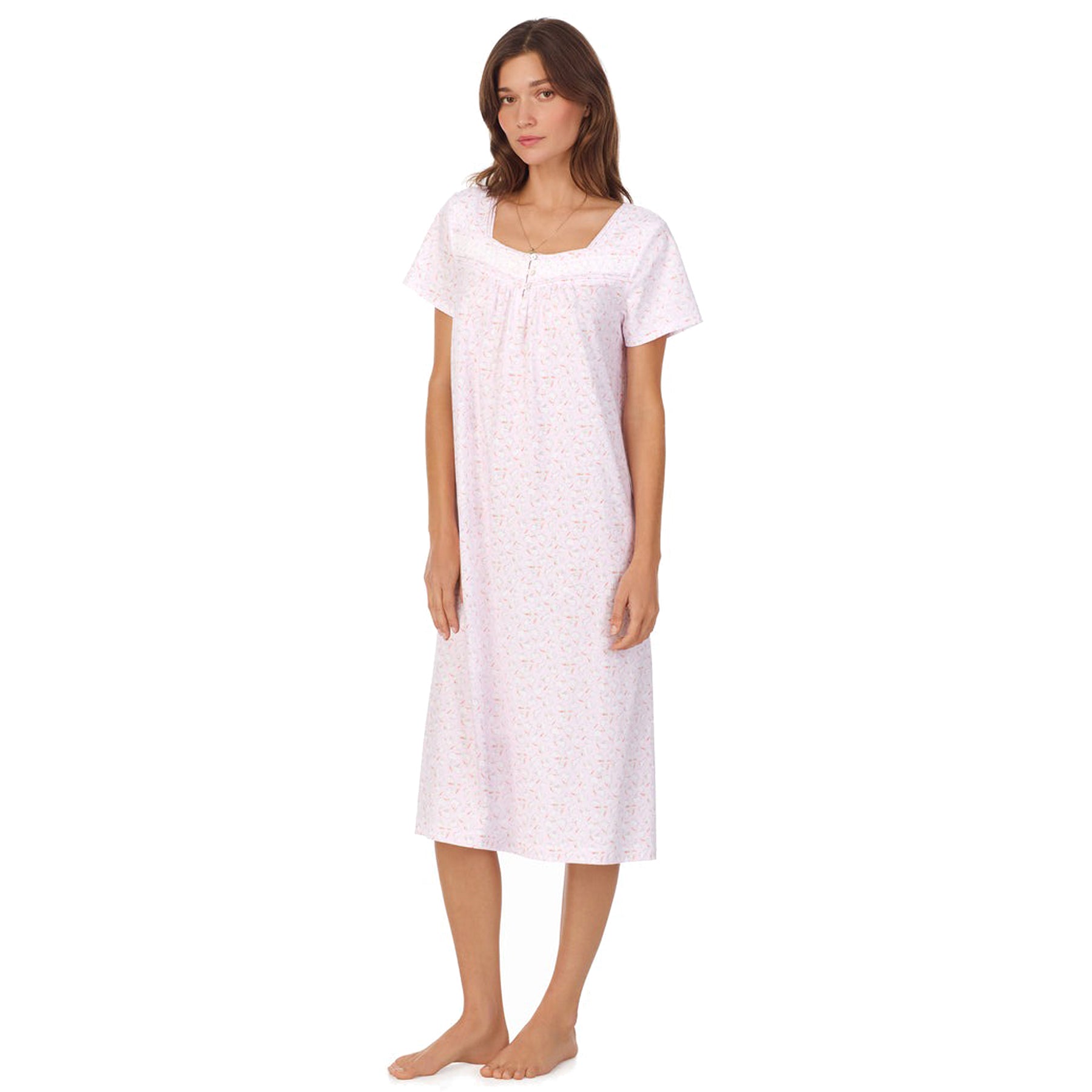 Front/side view of a women's floral nightshirt in a "sweet bunny" print showcasing intricate lace trim and button detailing, fashion photoshoot.