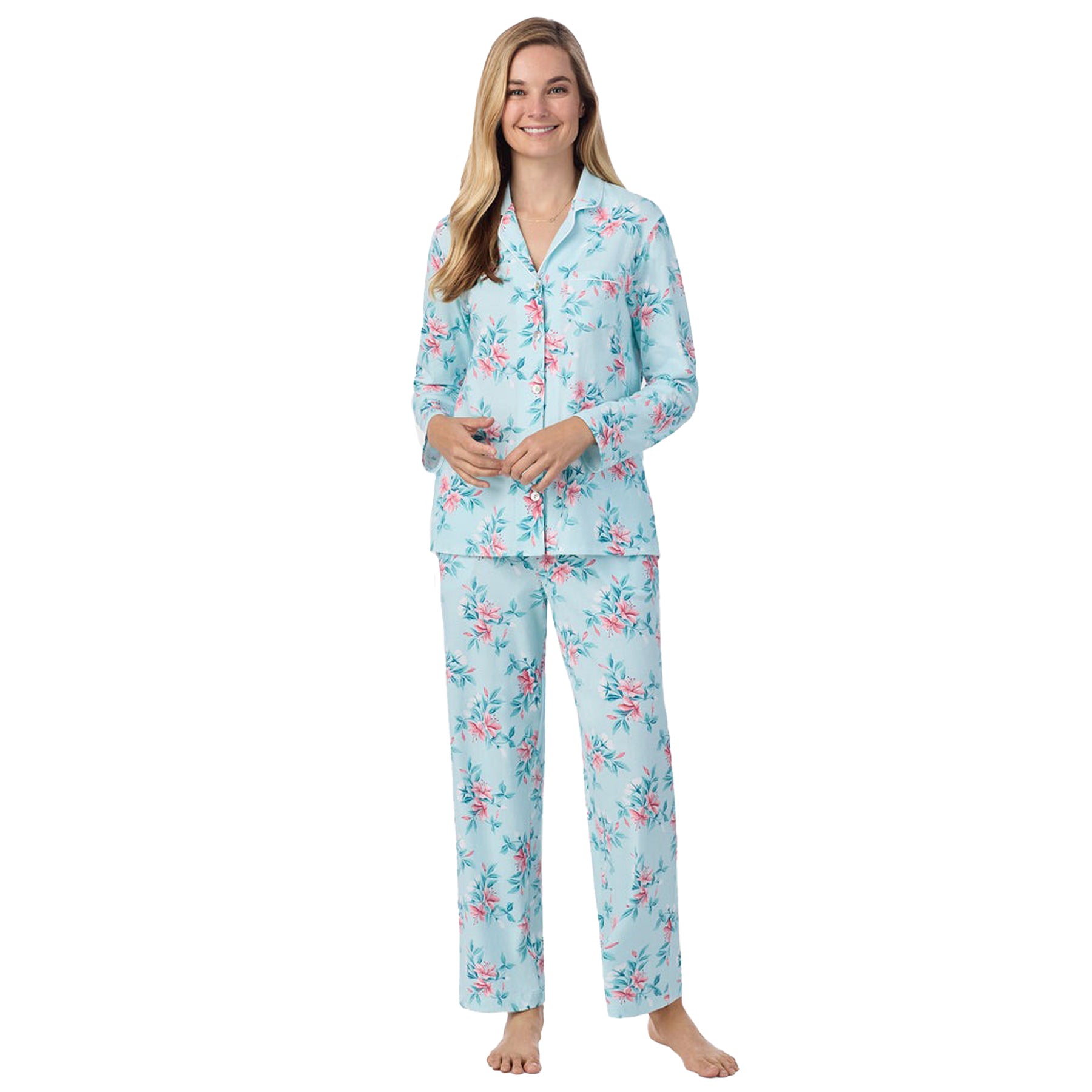 Front view of a women's floral PJ Set in a blue pink floral print, showcasing intricate button detailing.