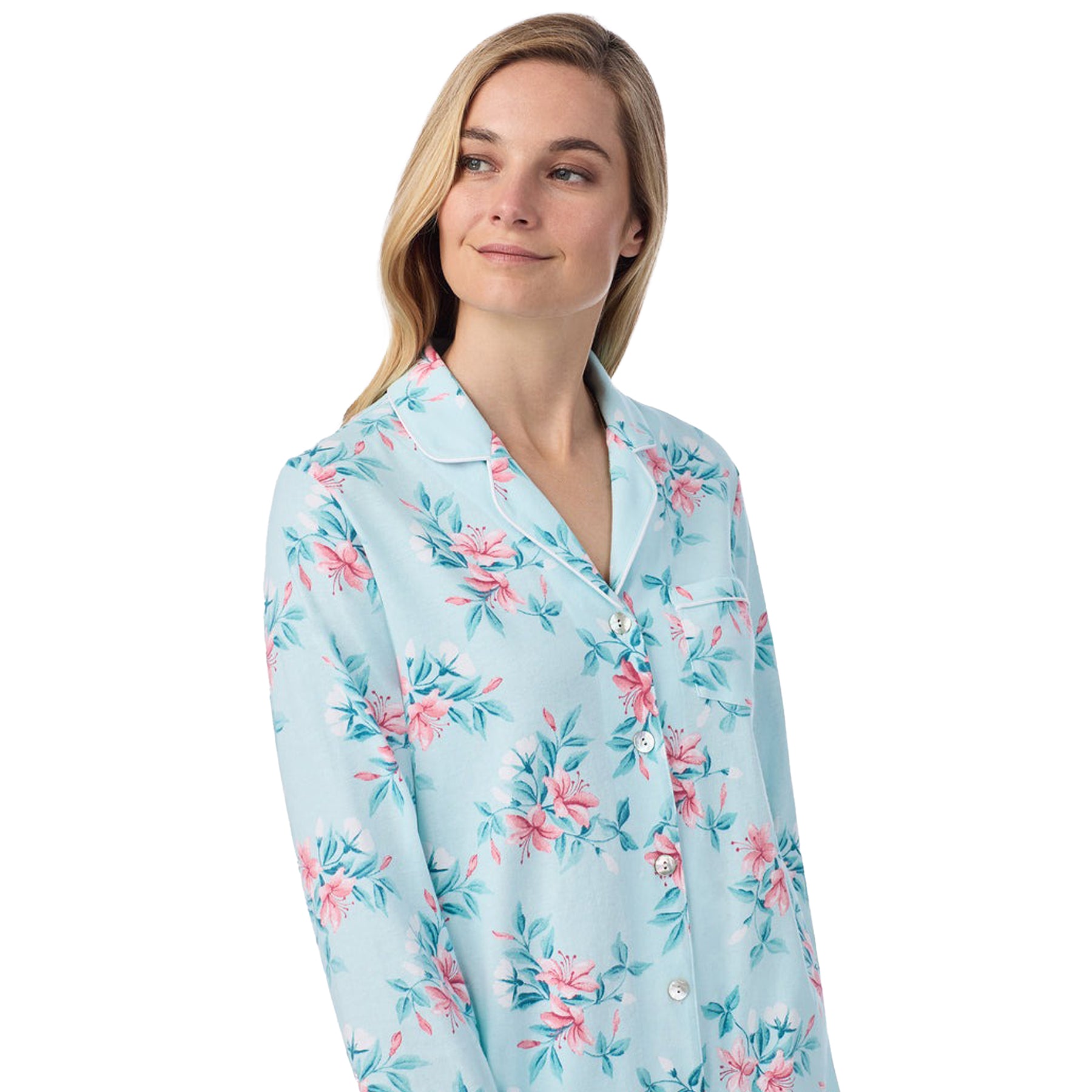 Close-up view of a women's floral PJ Set in a blue pink floral print, showcasing intricate button detailing.