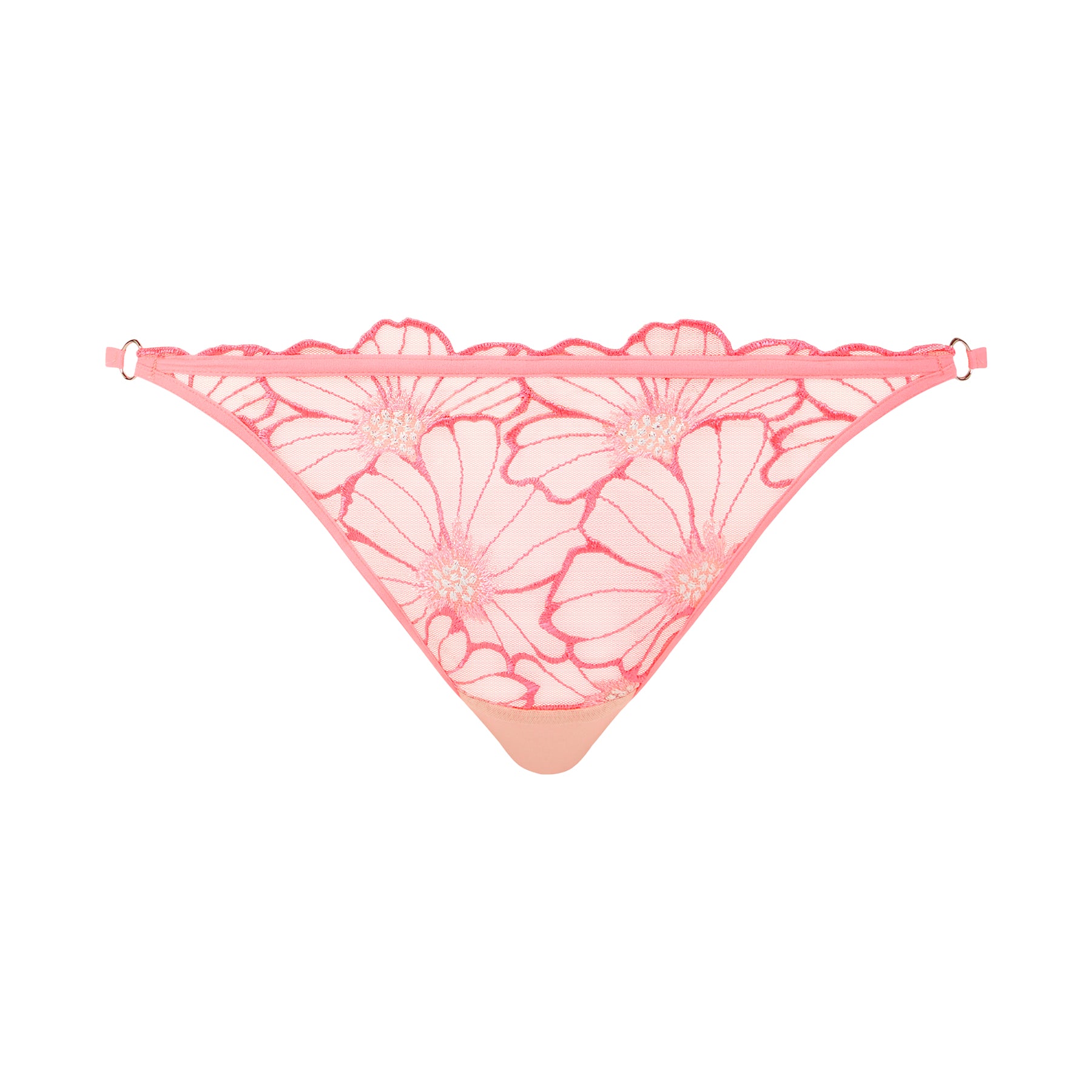 Sheer tulle thong g-string in rose miami bubblegum pink with daisy embroidery. Front view without model.