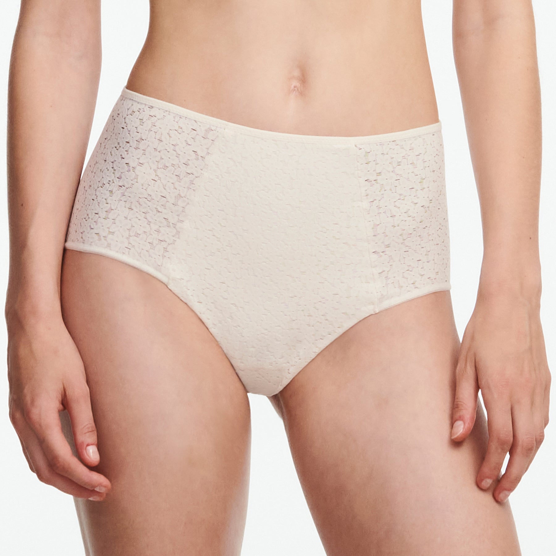 Chantelle light control Norah full brief with floral lace in ivory talc 0NL. Front view on model.