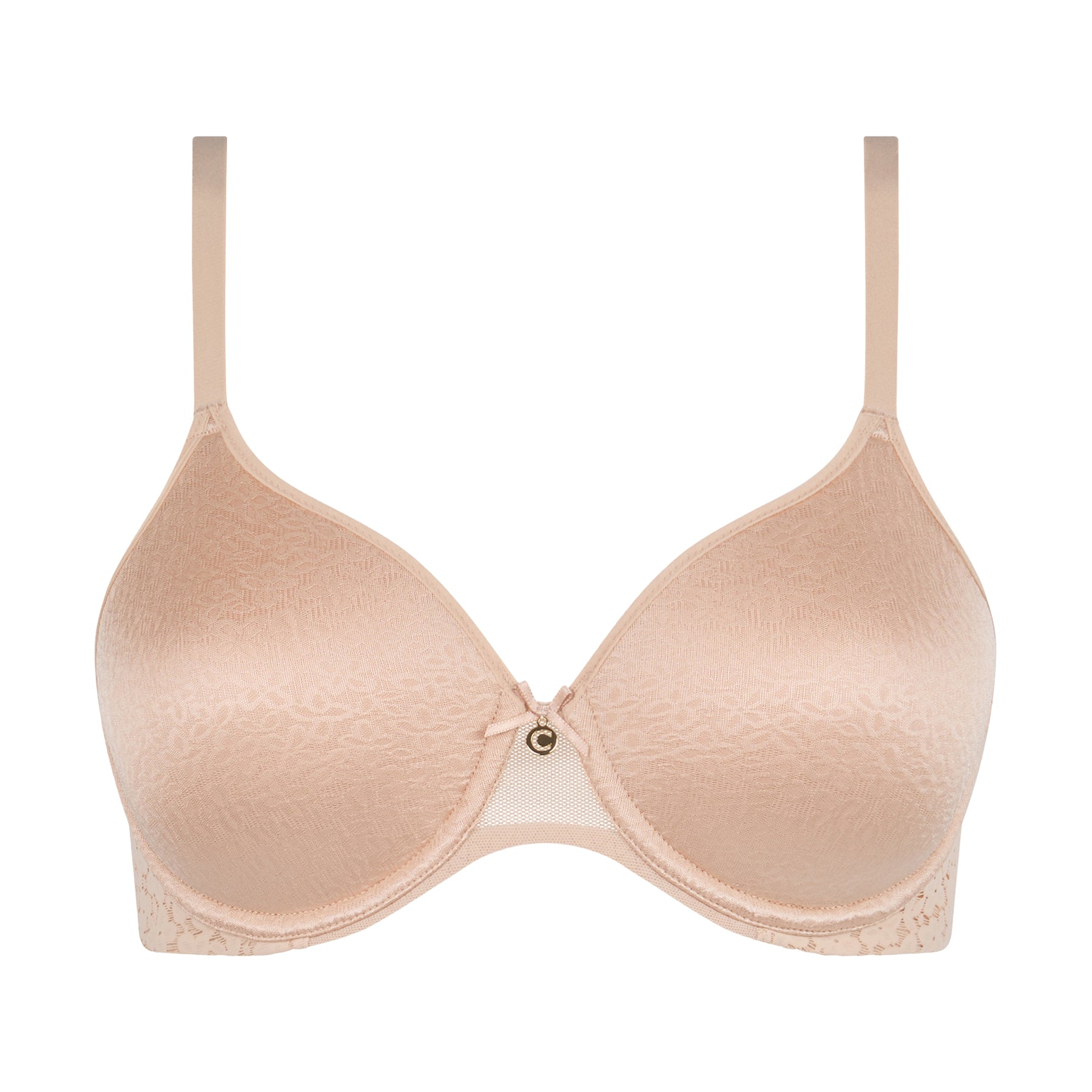 Chantelle molded full cup underwired spacer bra in nude golden beige. Front view without model.