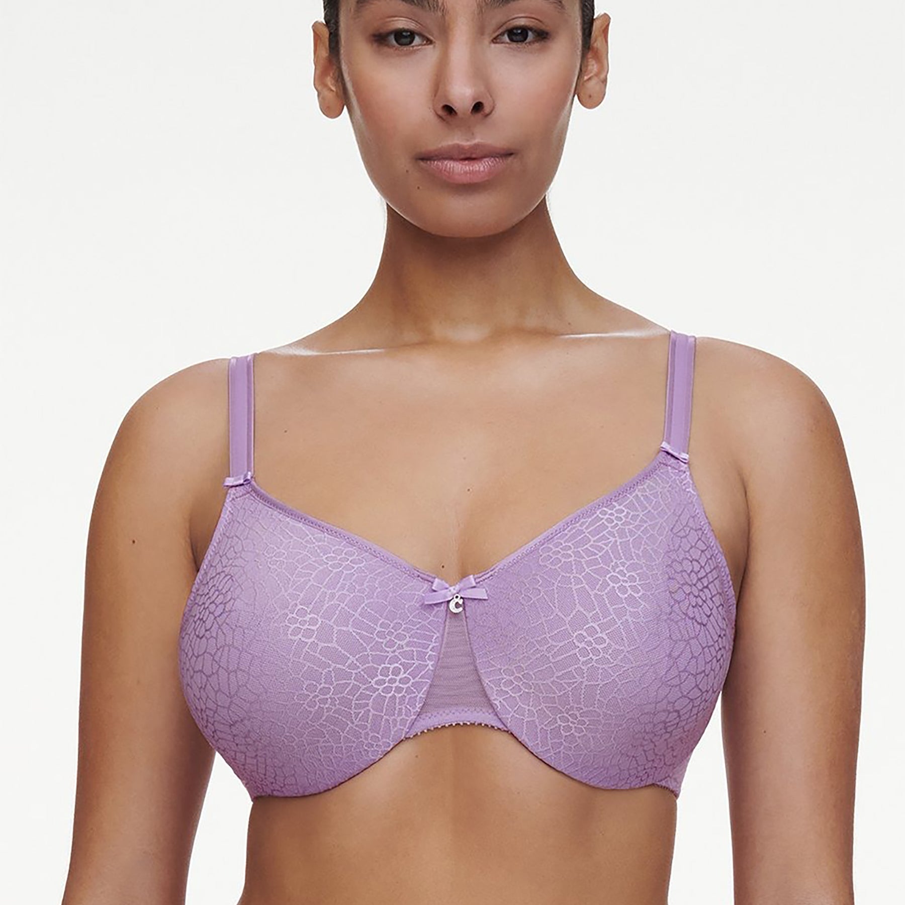 Front view of Chantelle C Magnifique Minimizer Full Cup Bra in lavender on model
