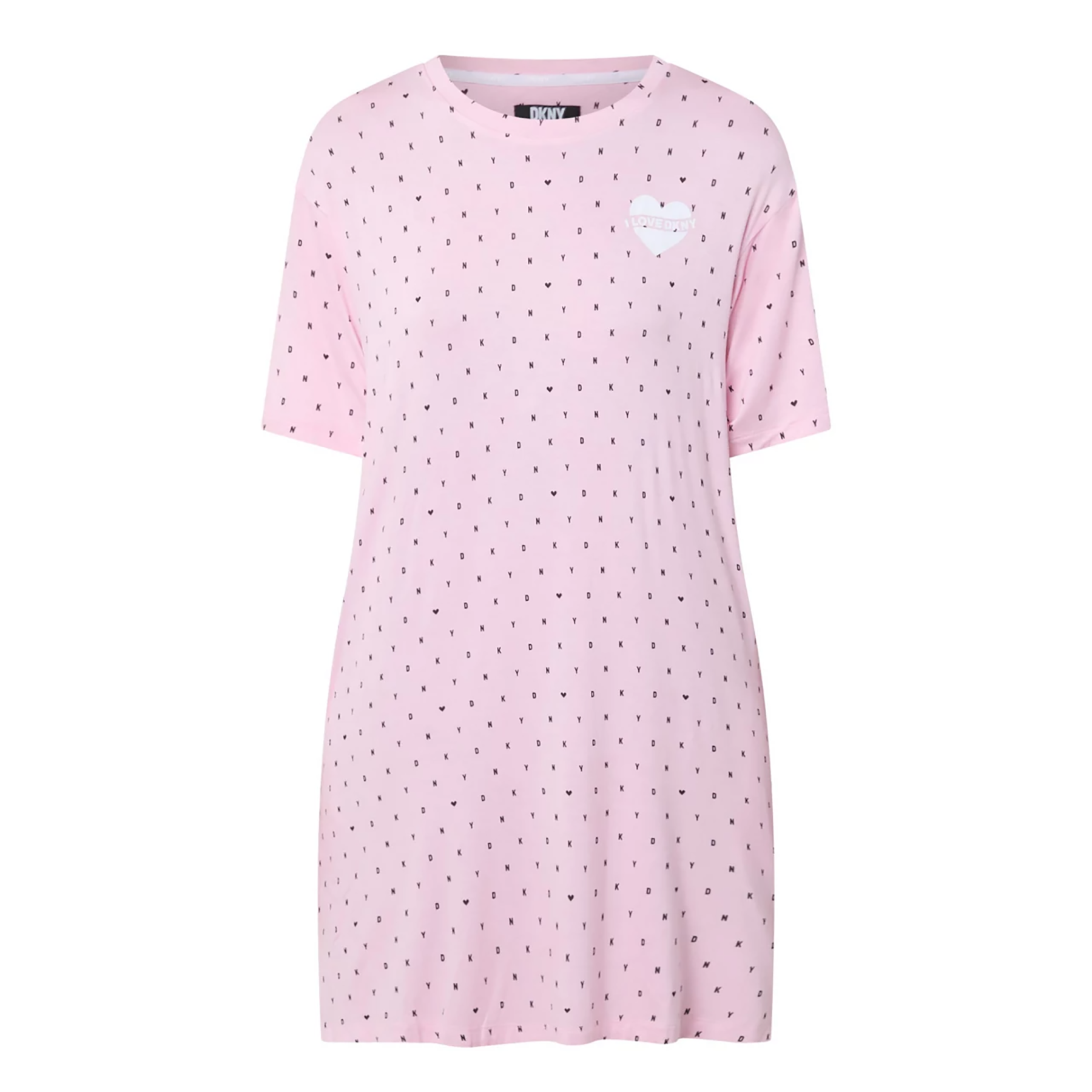 Short sleeve round neck sleepshirt in DKNY black mini logo and heart print on baby pink background. Front view without model.