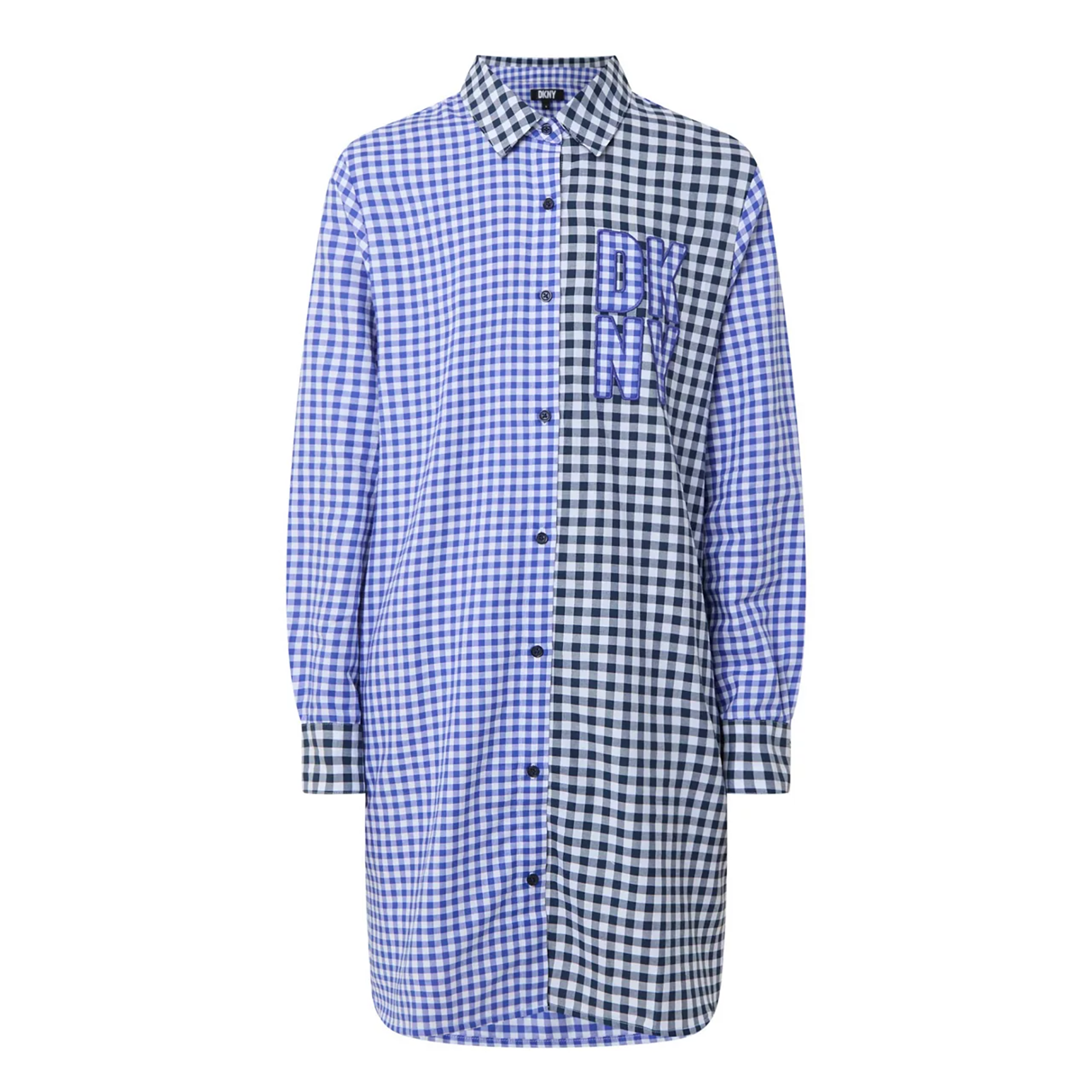 Long sleeve collared button up sleepshirt in blue and black checkered print. Front view without model.