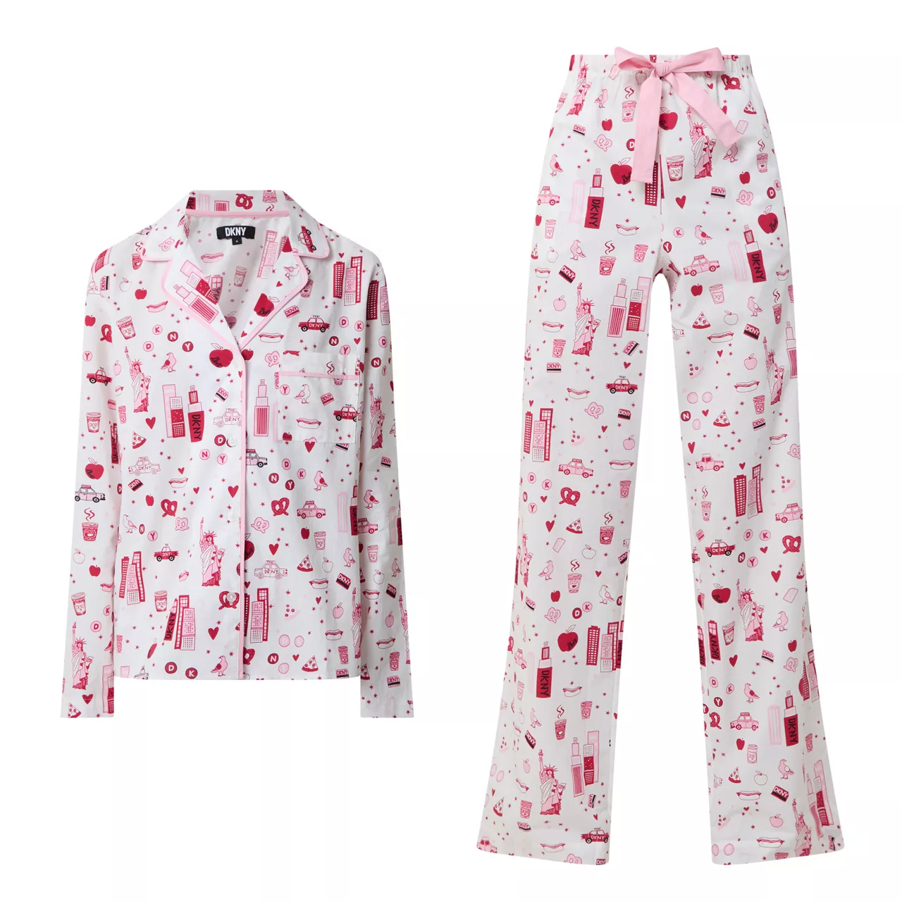 Classic 2-piece button up pyjama set printed with new york city items in red and pink on a white background. Front view without model.