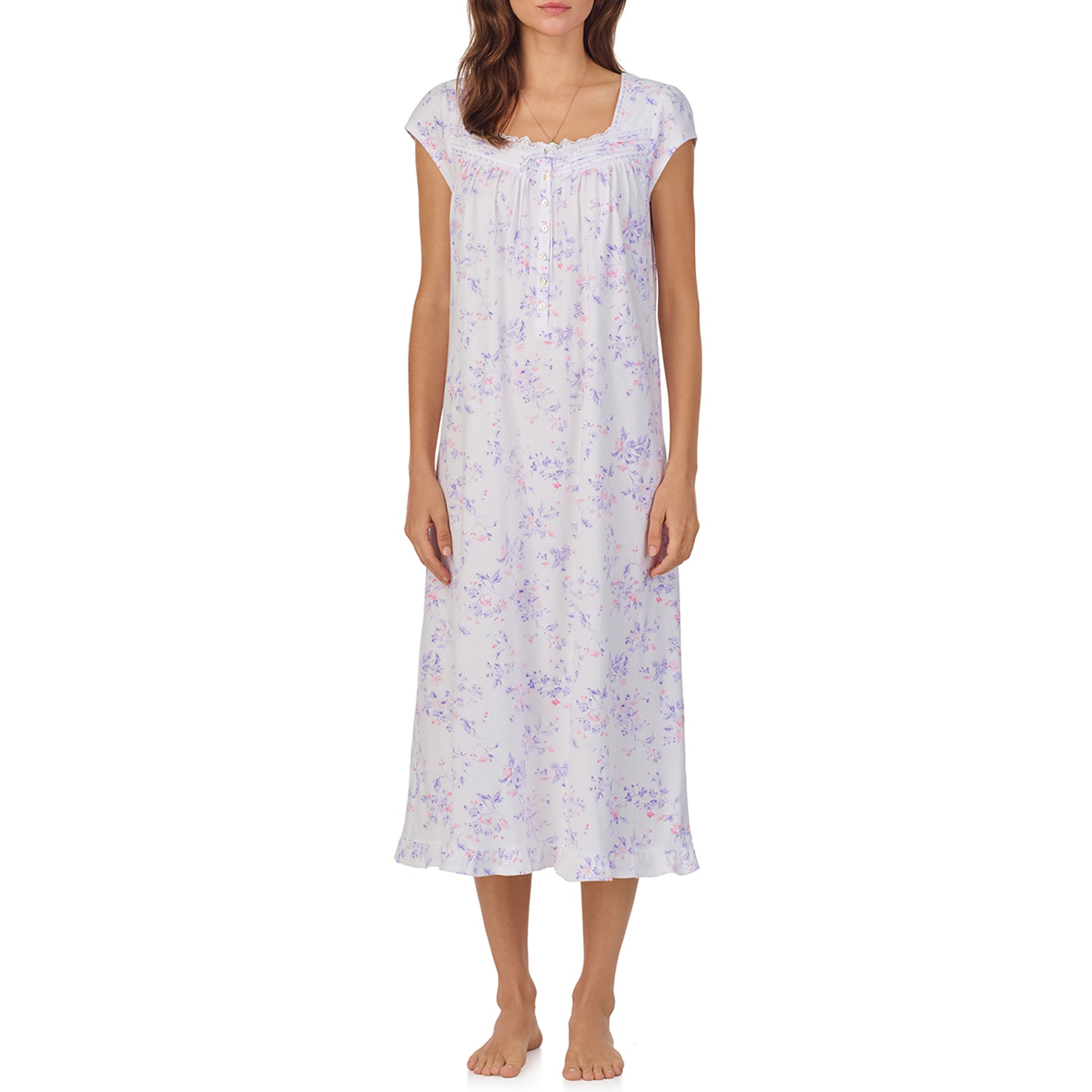 Front View of a women's floral nightgown in a white and lilac floral print, showcasing intricate lace trim, button detailing, and cap sleeves.