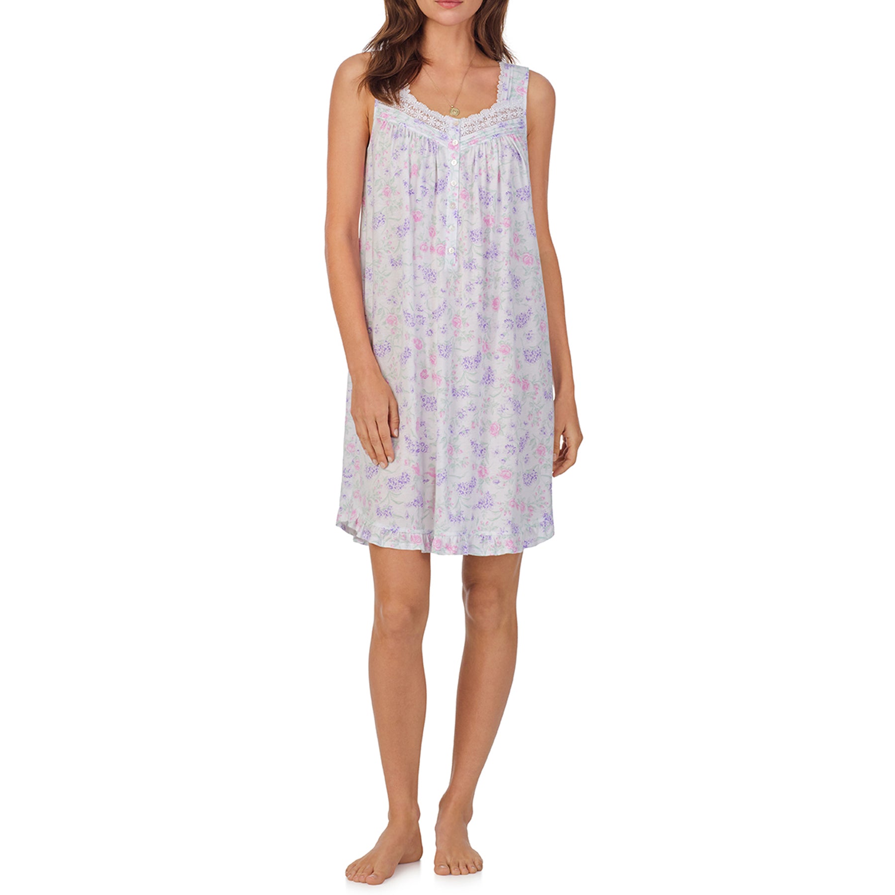 Front view of a women's floral nightshirt in a white multi hydrangea print, showcasing intricate lace trim, button detailing, and cap sleeves.