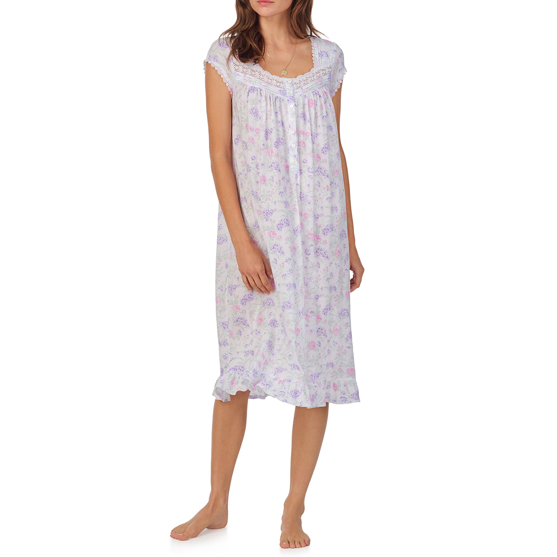 Front view of a women's floral nightgown in a white multi hydrangea print, showcasing intricate lace trim, button detailing, and cap sleeves.