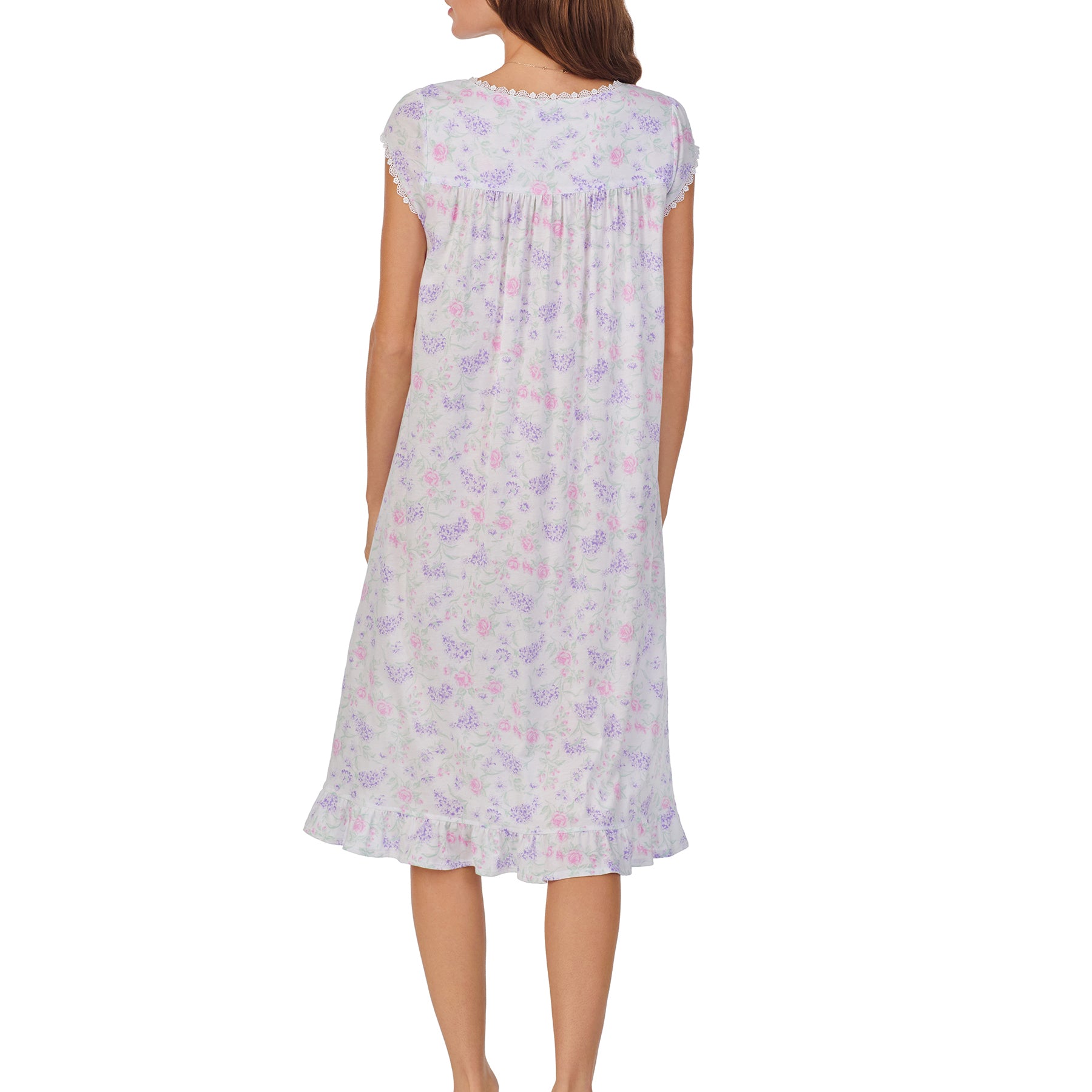 Back view of a women's floral nightgown in a white multi hydrangea print, showcasing intricate lace trim, button detailing, and cap sleeves.