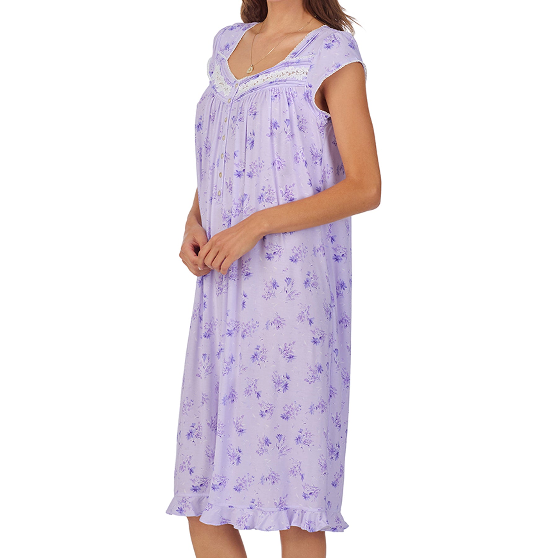 Front / side view of a women's floral nightshirt in a lilac garden bouquet print, showcasing intricate lace trim, button detailing, and cap sleeves.