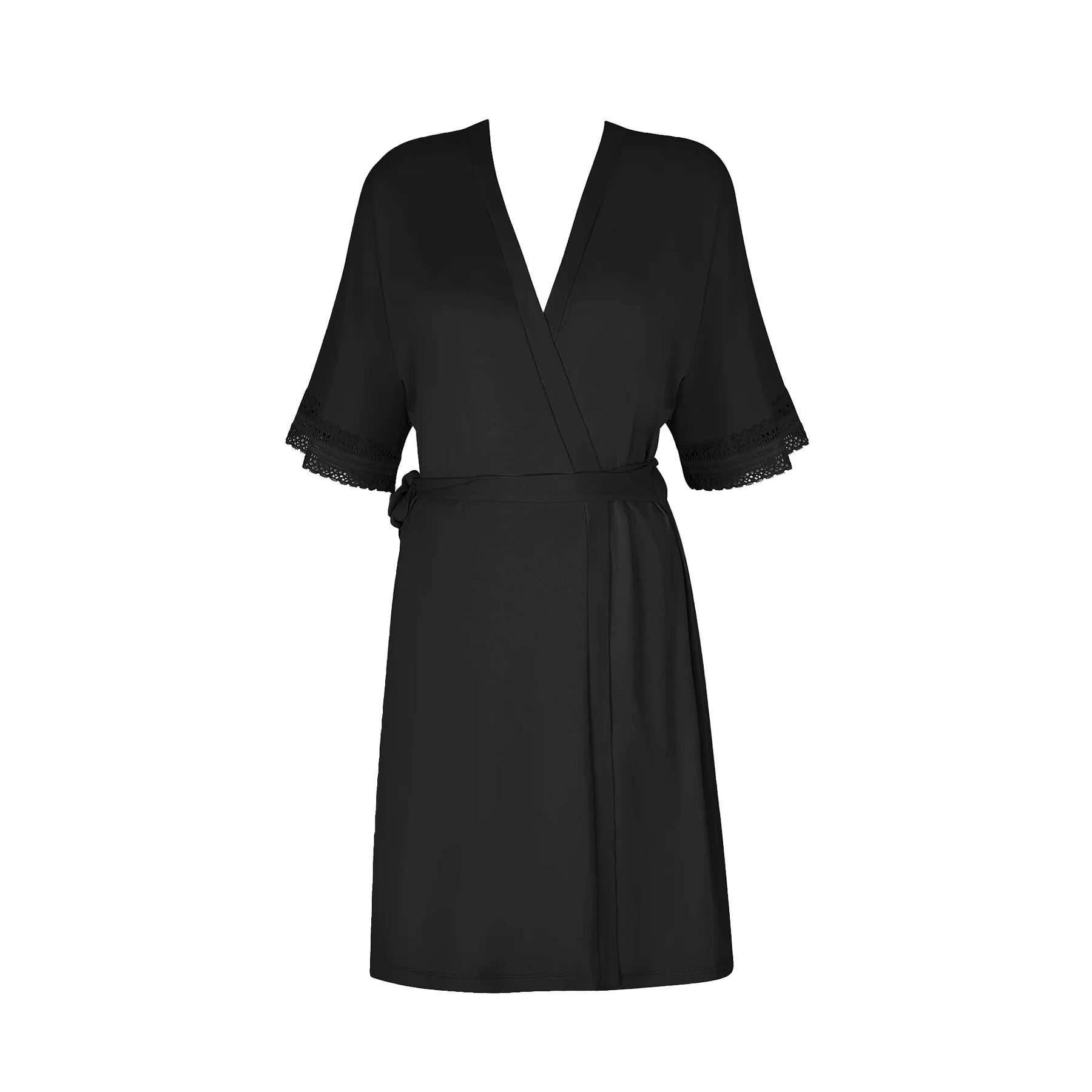  A black short robe with a wrap design, lace-trimmed sleeves, and a tie waist, displayed on a white background.