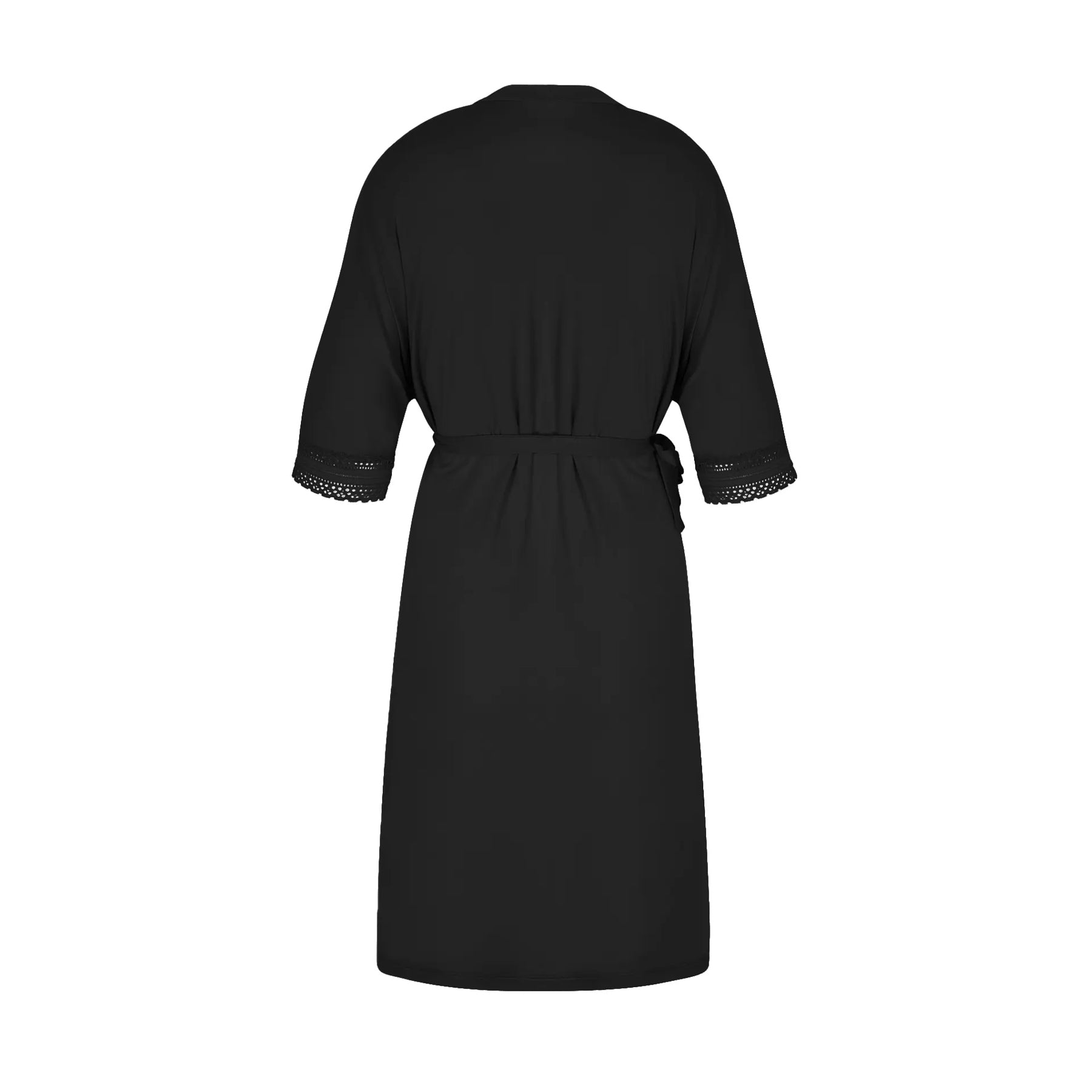 A rear view of the same black robe, highlighting its relaxed fit, lace-trimmed sleeves, and belted waist.