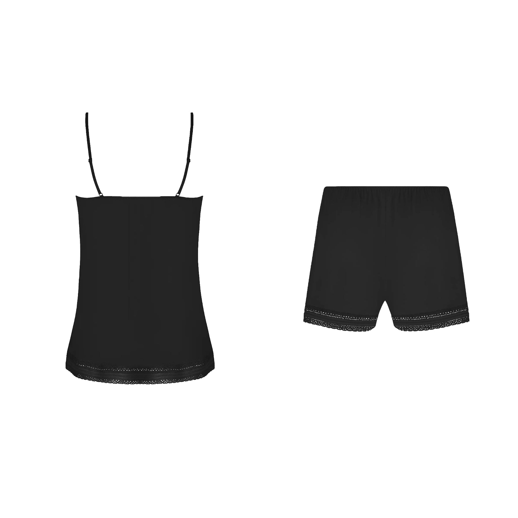 A rear view of the black camisole and shorts set, highlighting the adjustable straps and elastic waistband for a comfortable fit.