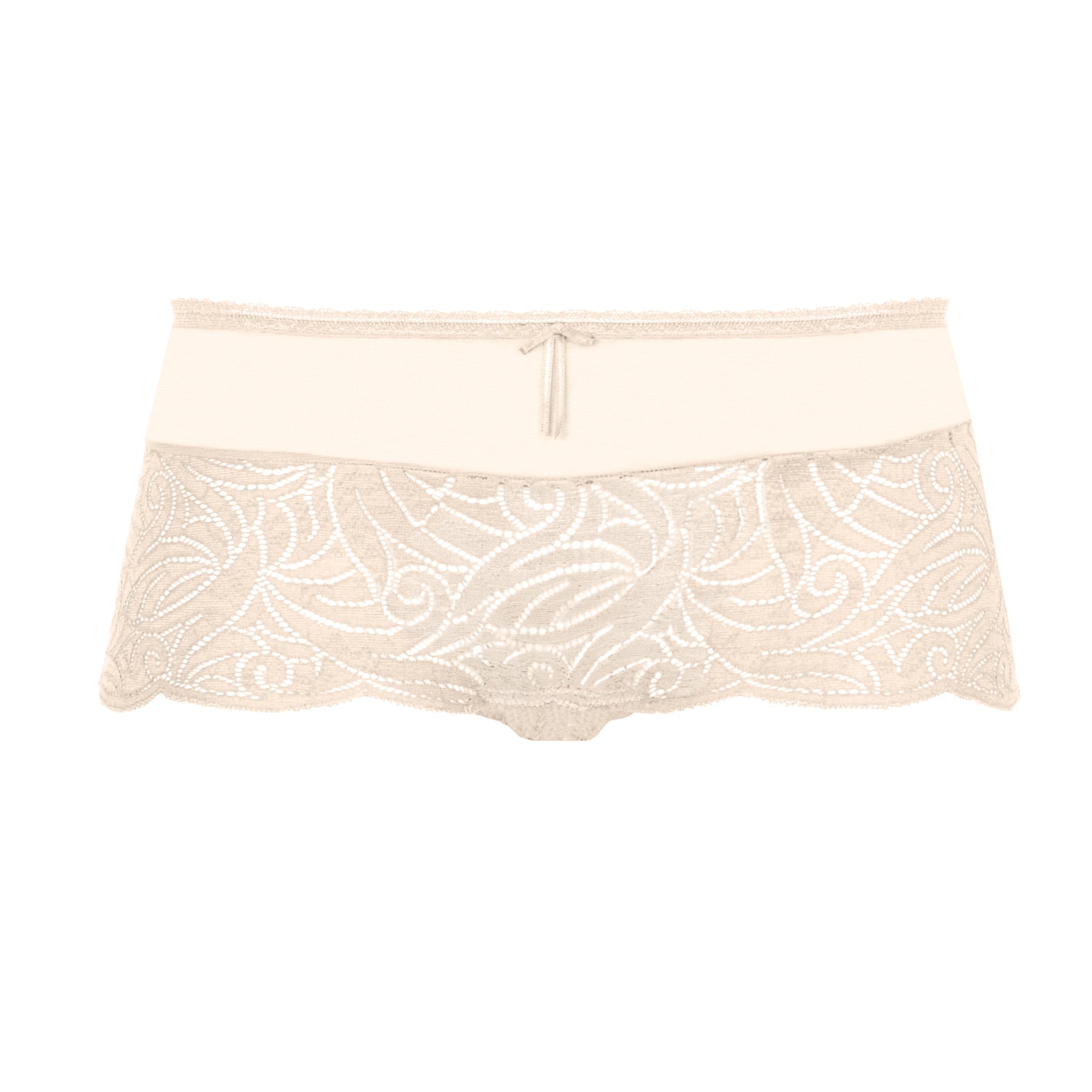 Empreinte Verity Shorty in blush - flat lay front view showing sheer embroidered lace and soft waistband with bow detail