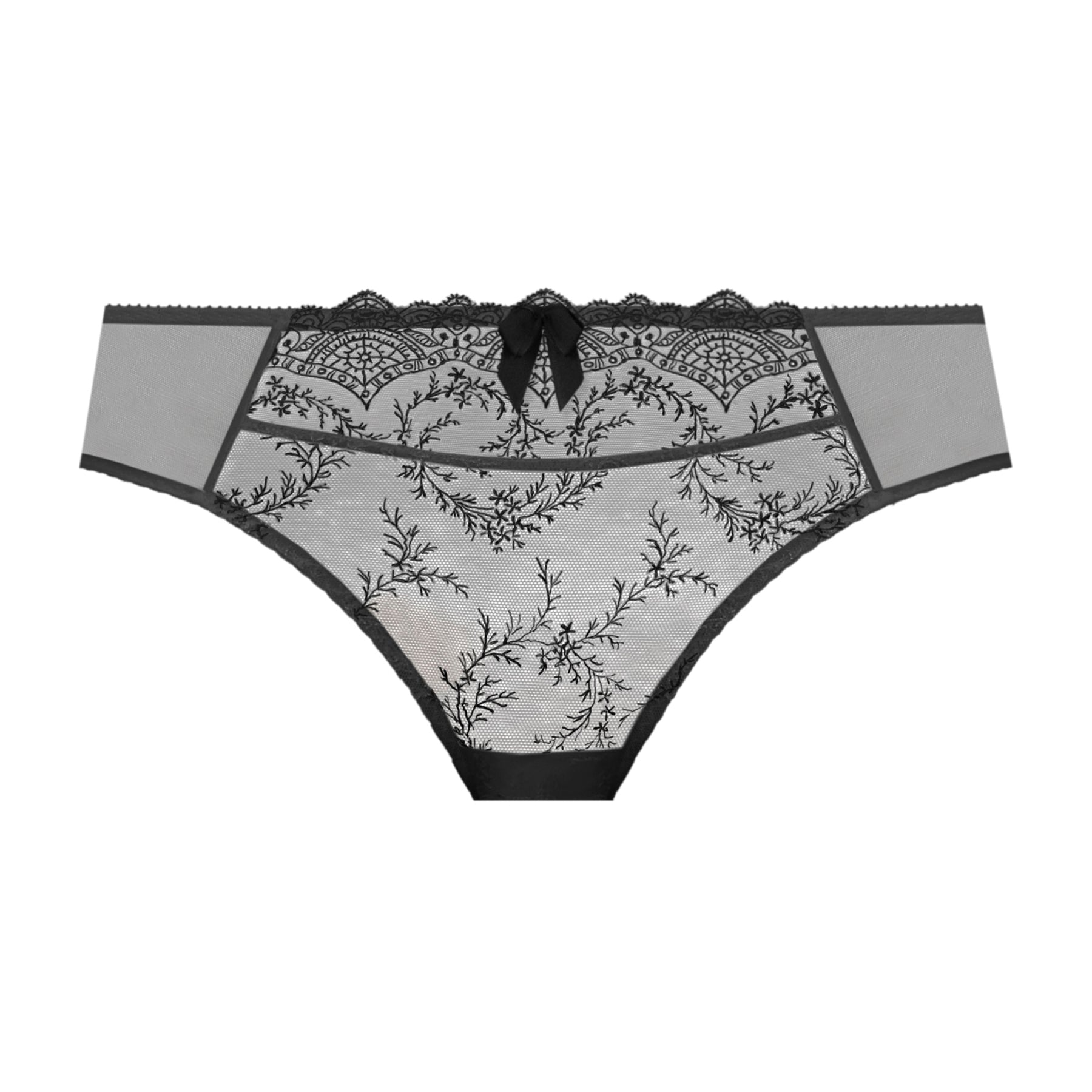 Empreinte louise lace embroidered bikini brief panty in ombre dark grey. Front view without model.