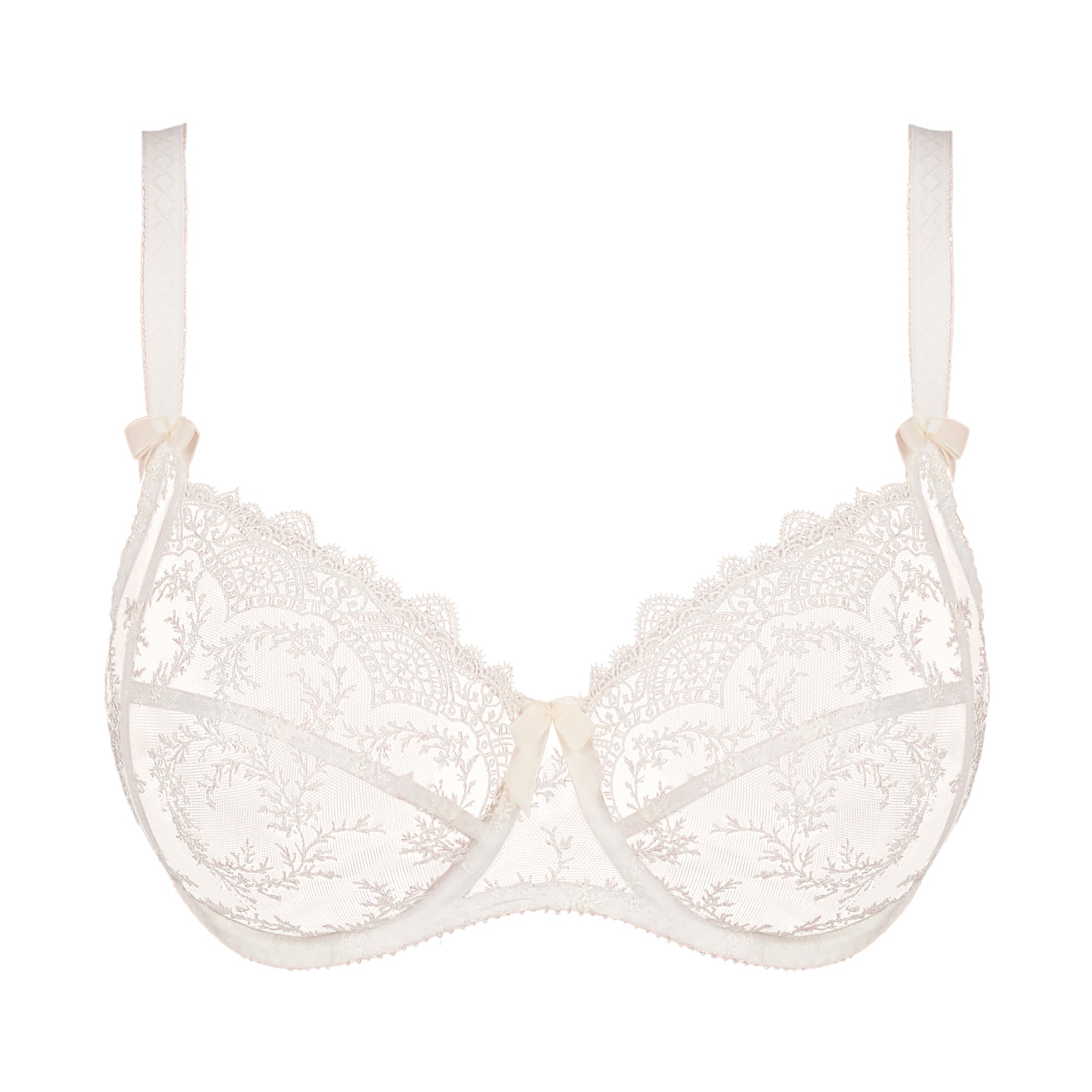 Empreinte louise lace embroidered full cup bra in natural ivory. Front view without model.