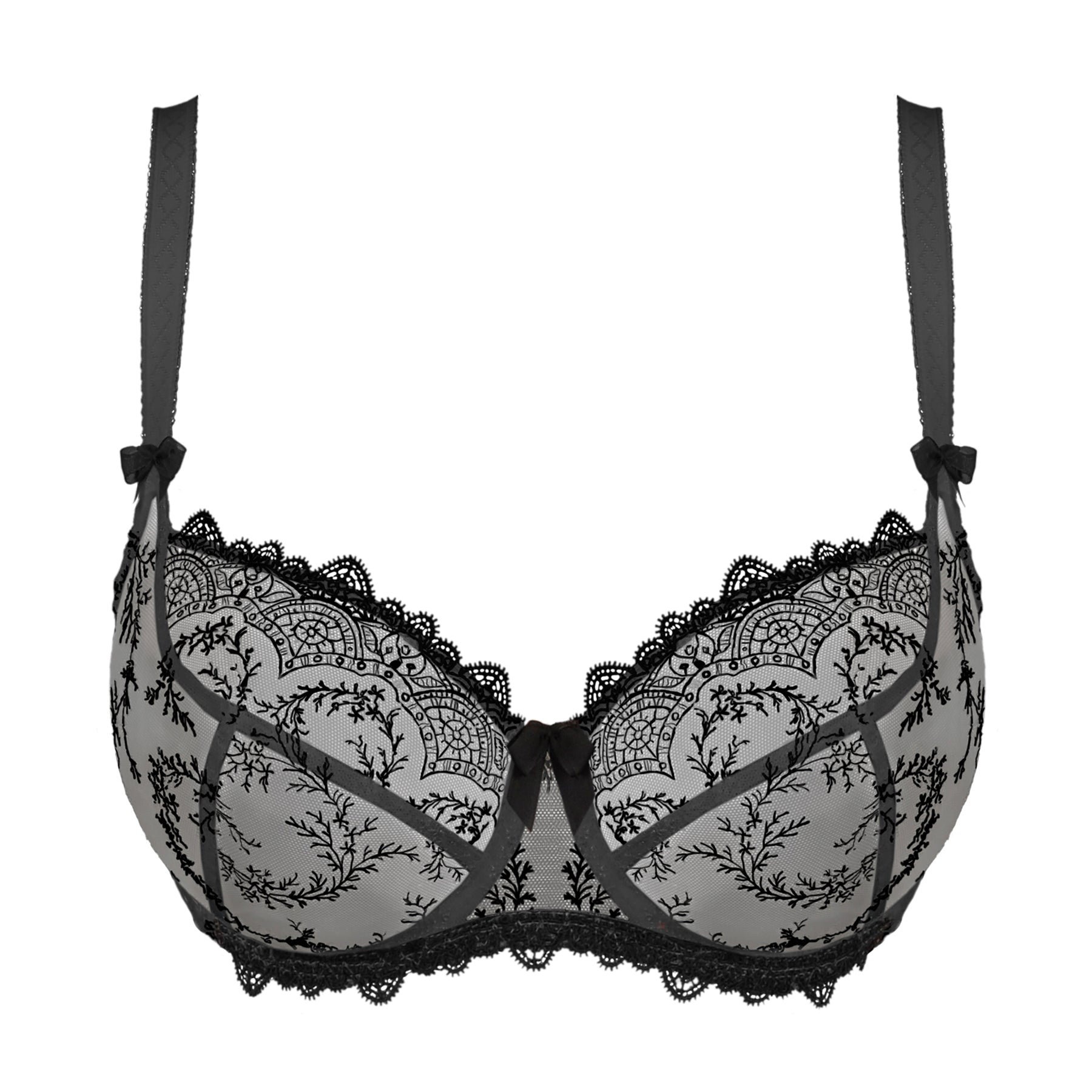 Empreinte louise lace embroidered balcony cup bra in ombre dark grey. Front view without model.