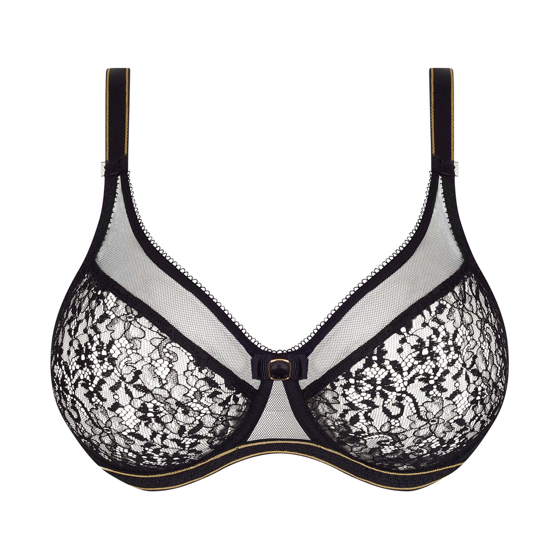 Lace bra with mesh detail along top of cups in black. Front view without model.