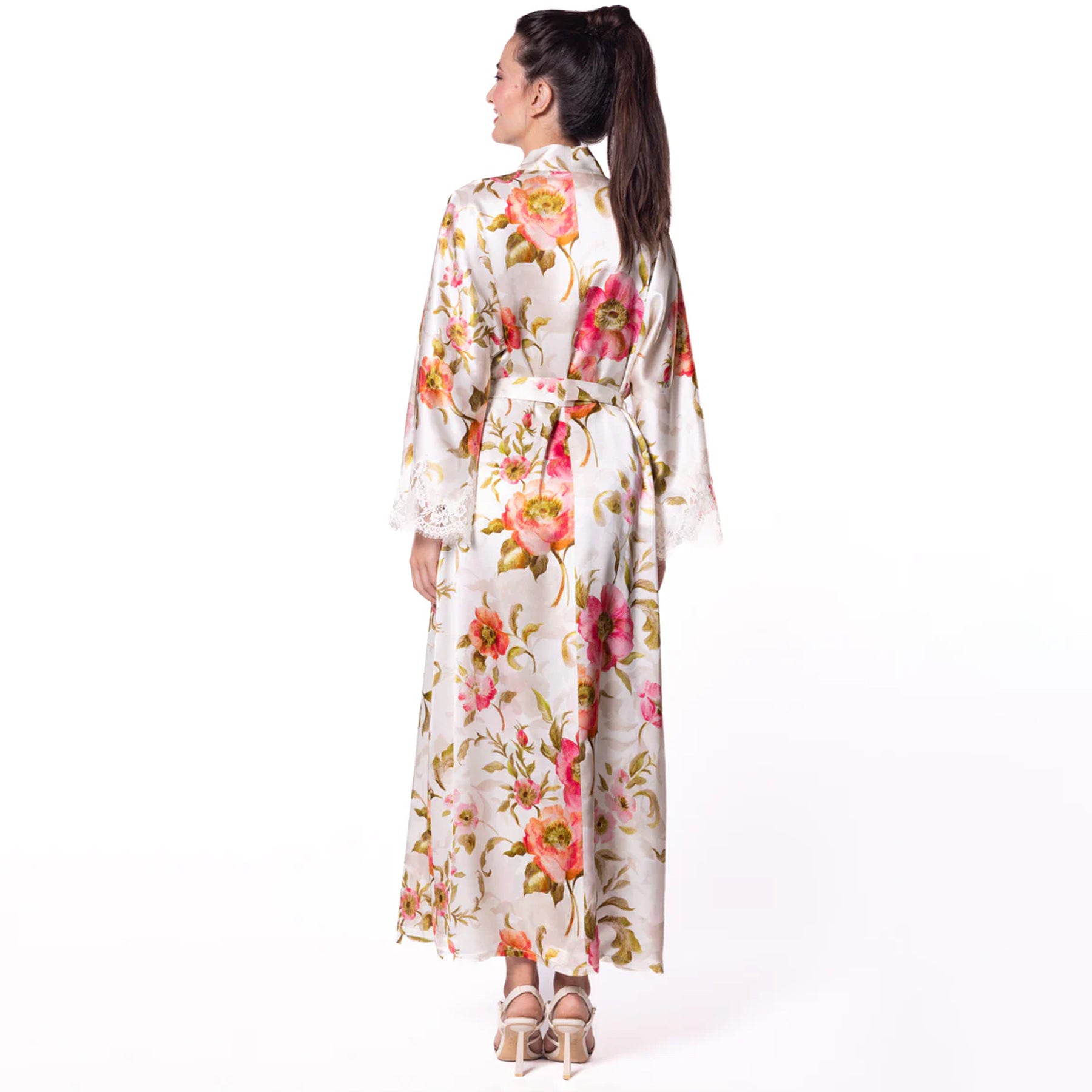 Back of the silk floral robe, showing the flowing silhouette and matching waist tie.