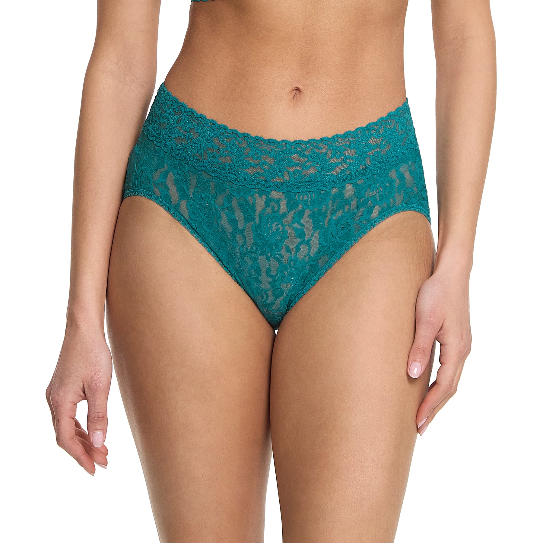 hanky panky lace high waist french cut full brief in dark green northern lights on model front view