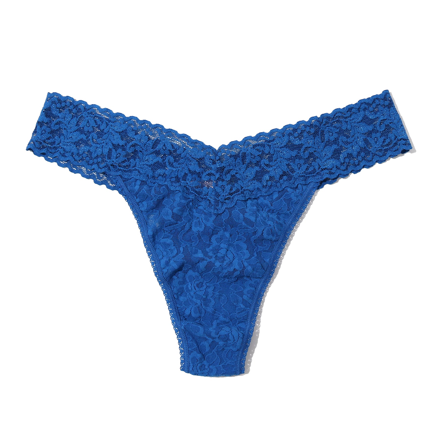 Deep dive dark blue colour regular rise lace thong. Front view without model.