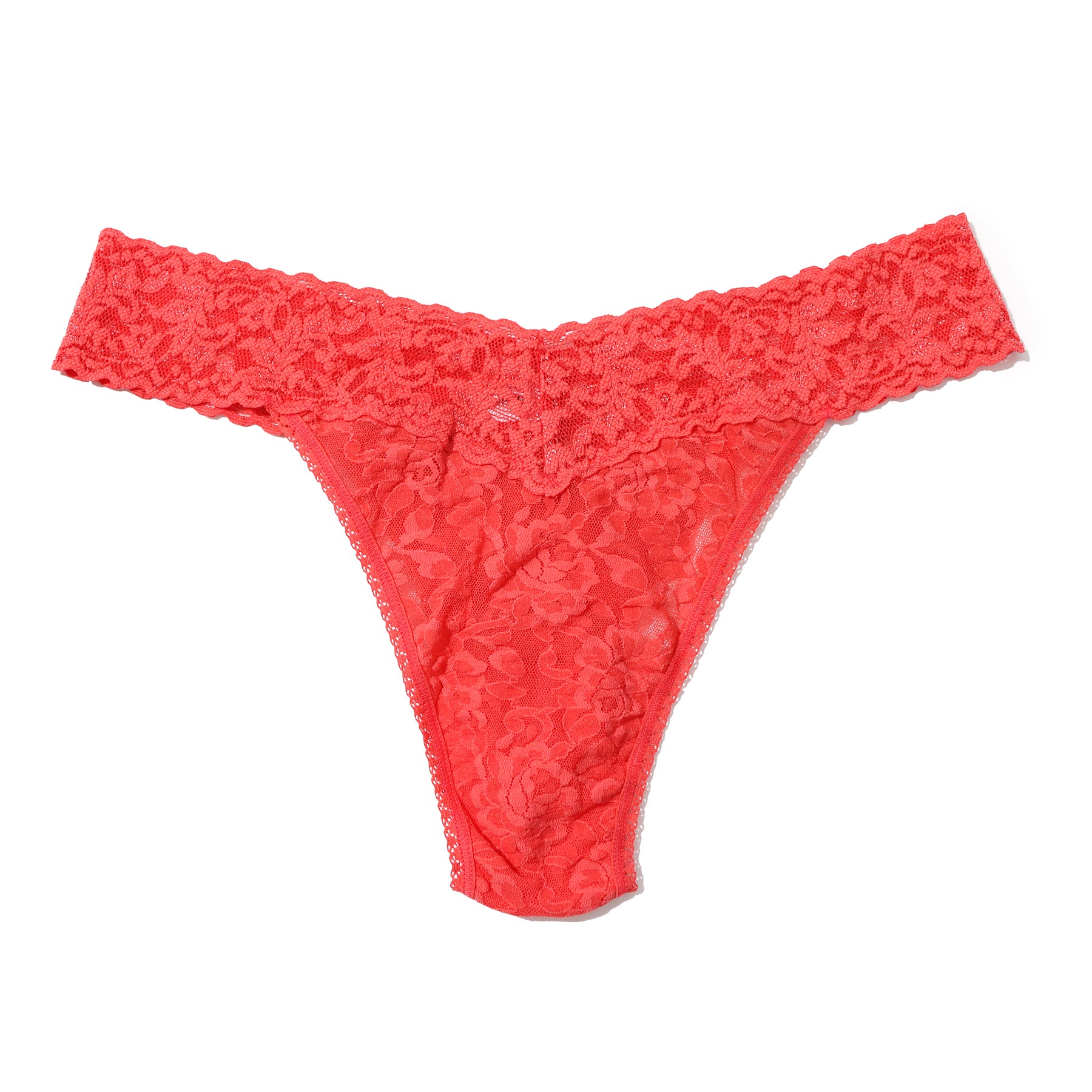 Hibiscus bloom orange coral colour regular rise lace thong. Front view without model.