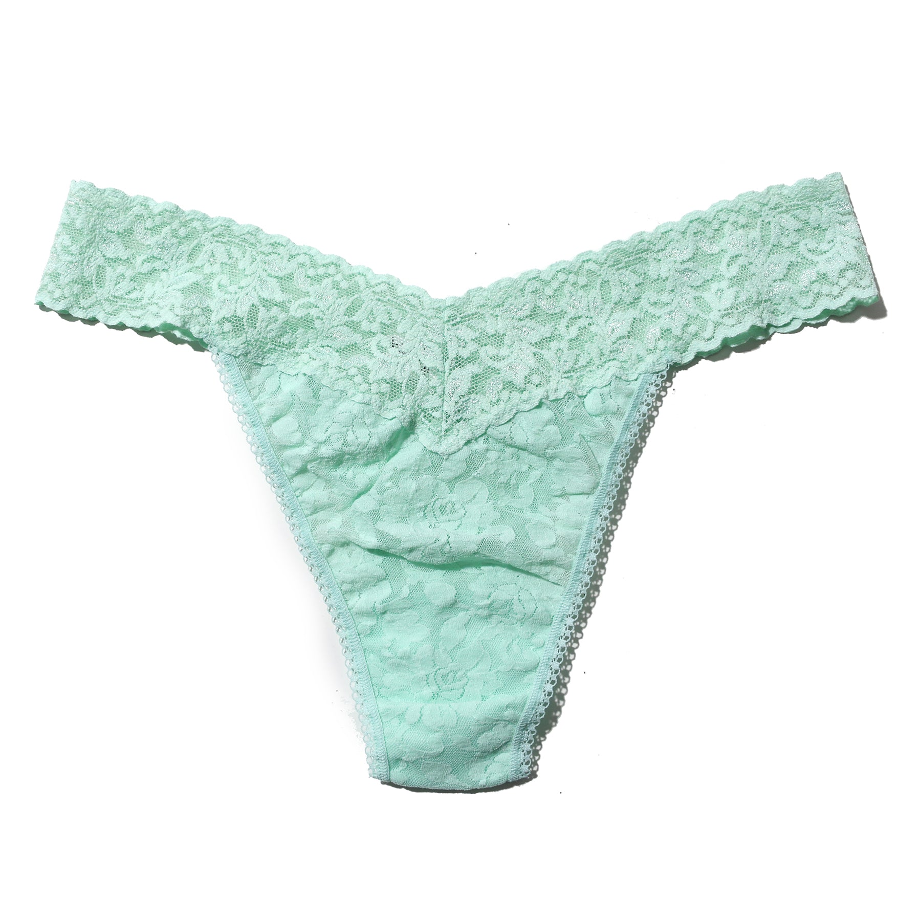 Pistachio mint green colour regular rise lace thong. Front view without model.