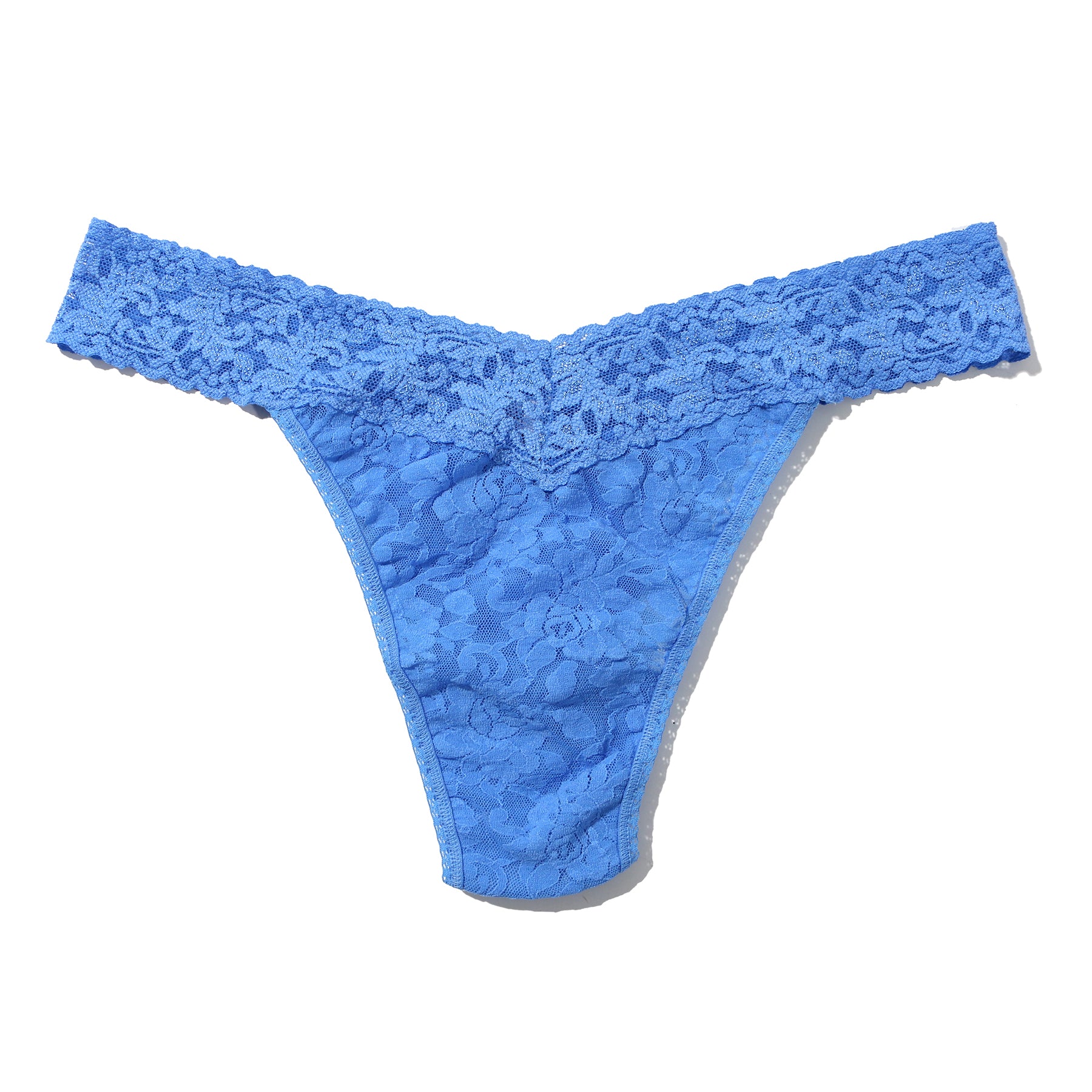 Hanky Panky lace original rise thong in take the plunge blue, flat lay without model.