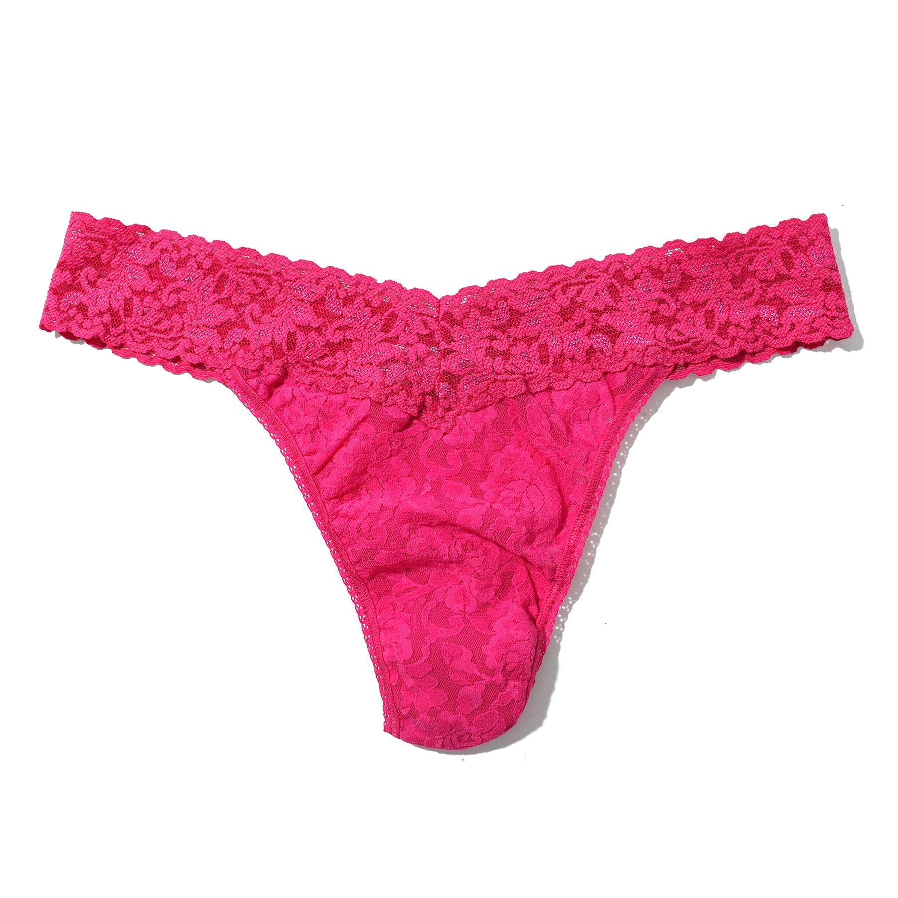 Hanky Panky lace original rise thong in  un-beet-able pink, flat lay without model.