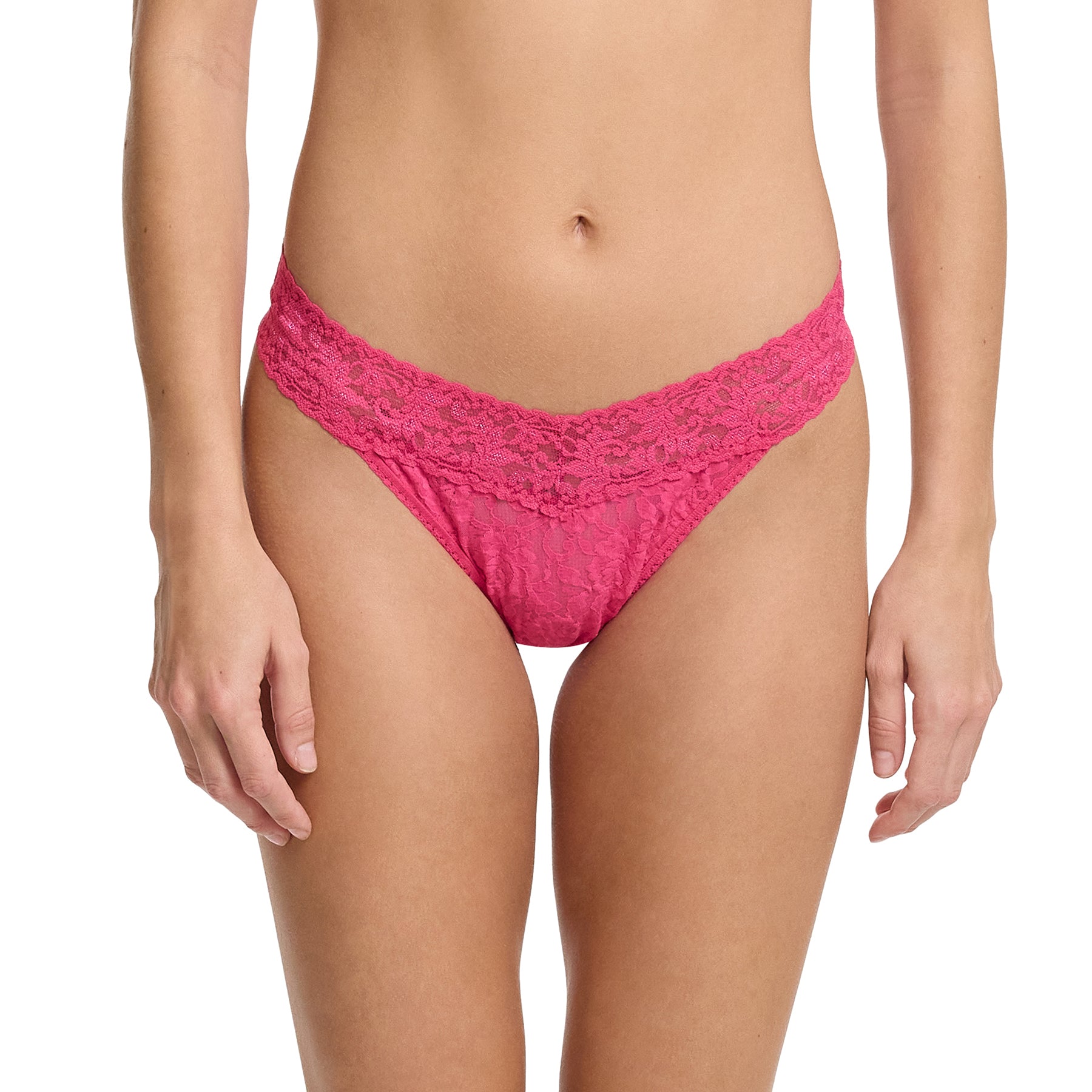 Hanky Panky lace original rise thong in  un-beet-able pink, front view on model.