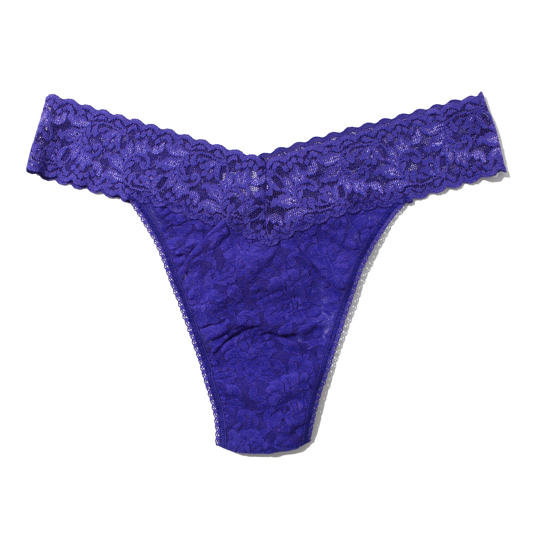 Lace original rise thong in dark purple violets are blue, flat lay without model.