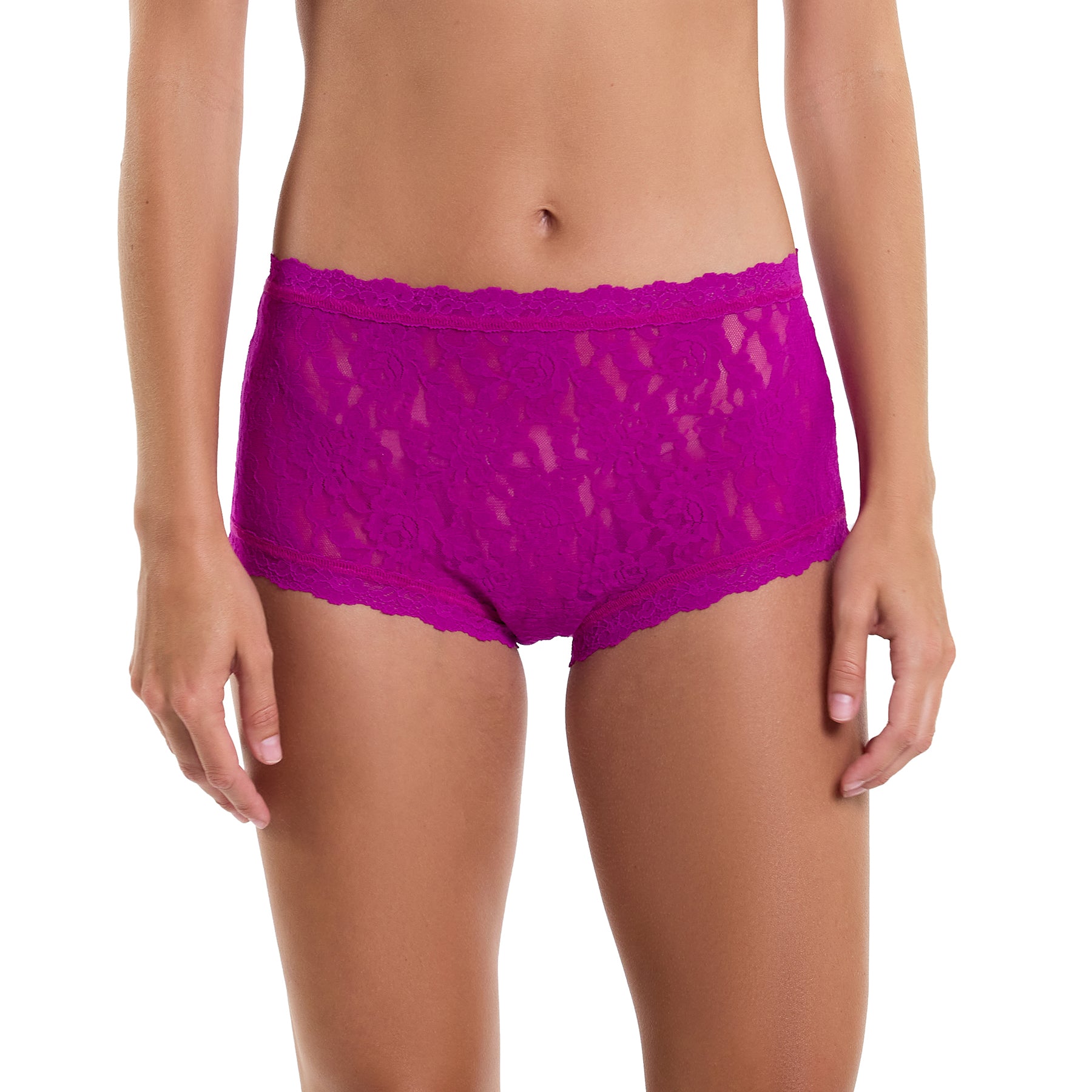 Countess pink magenta colour high rise lace boyshort. Front view on model.