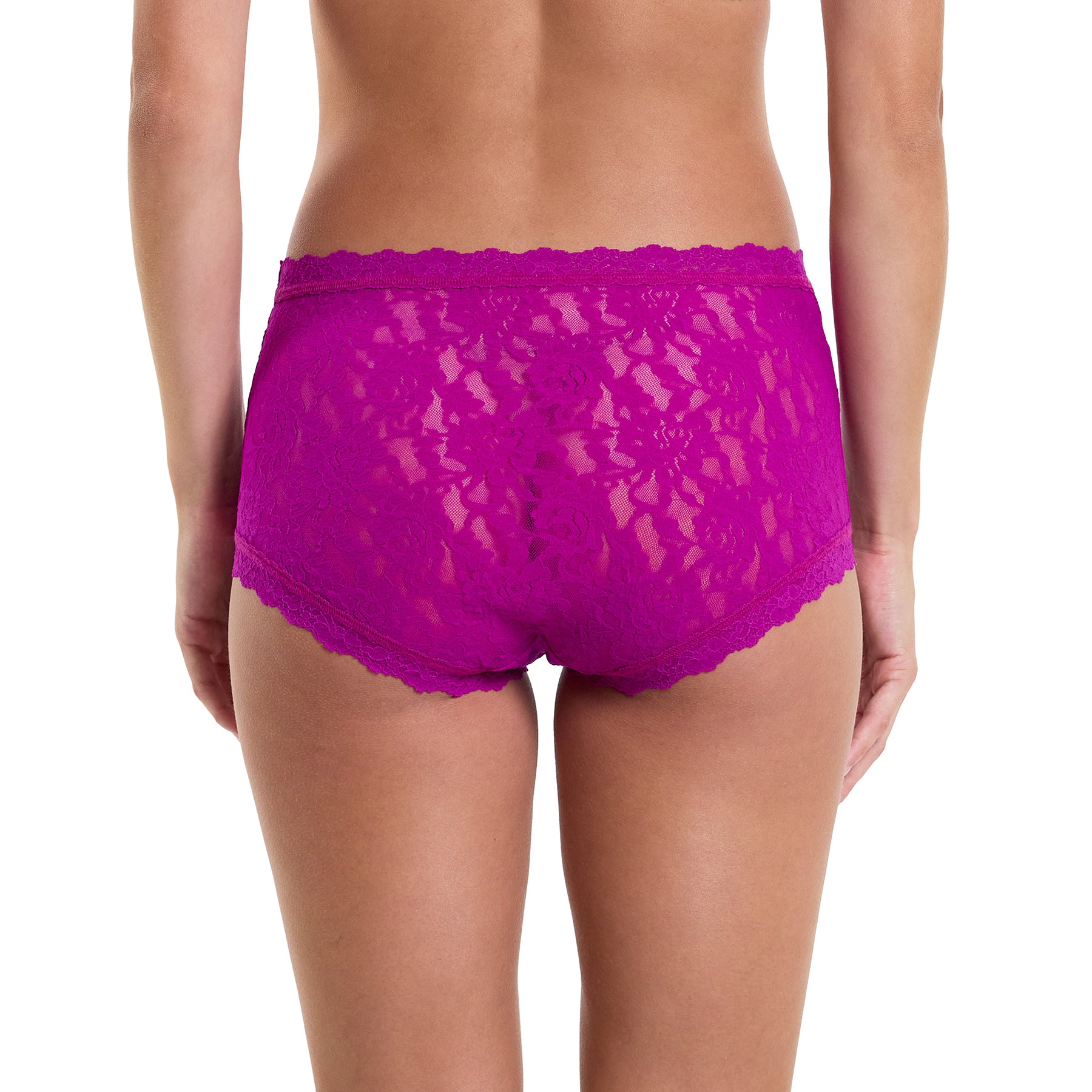 Countess pink magenta colour high rise lace boyshort. Rear view on model.