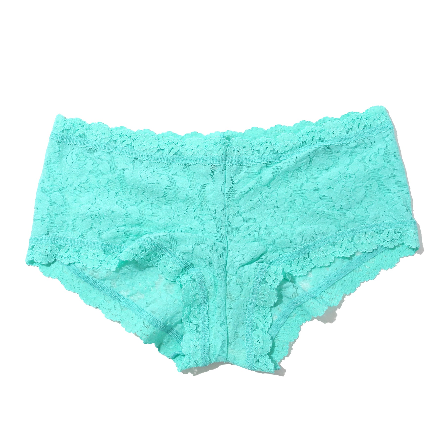 hanky panky lace boyshort in sea you later aqua blue turquoise, flat lay without model.