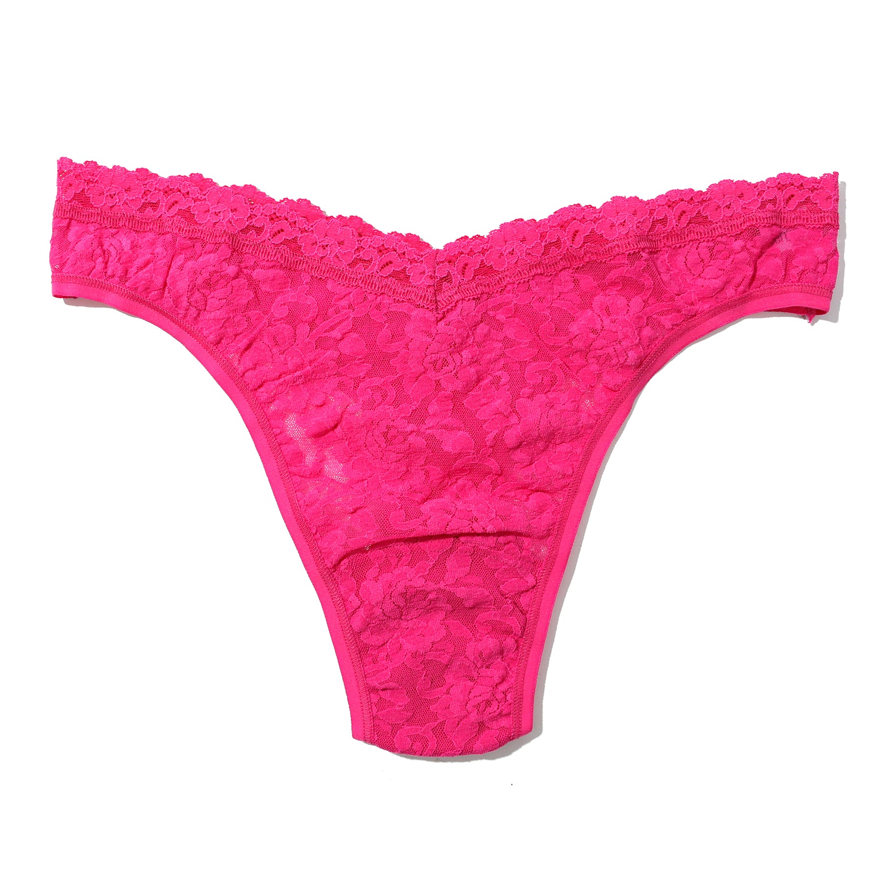 Hanky Panky lace high rise v-front thong in un-beet-able pink, flat lay without model.