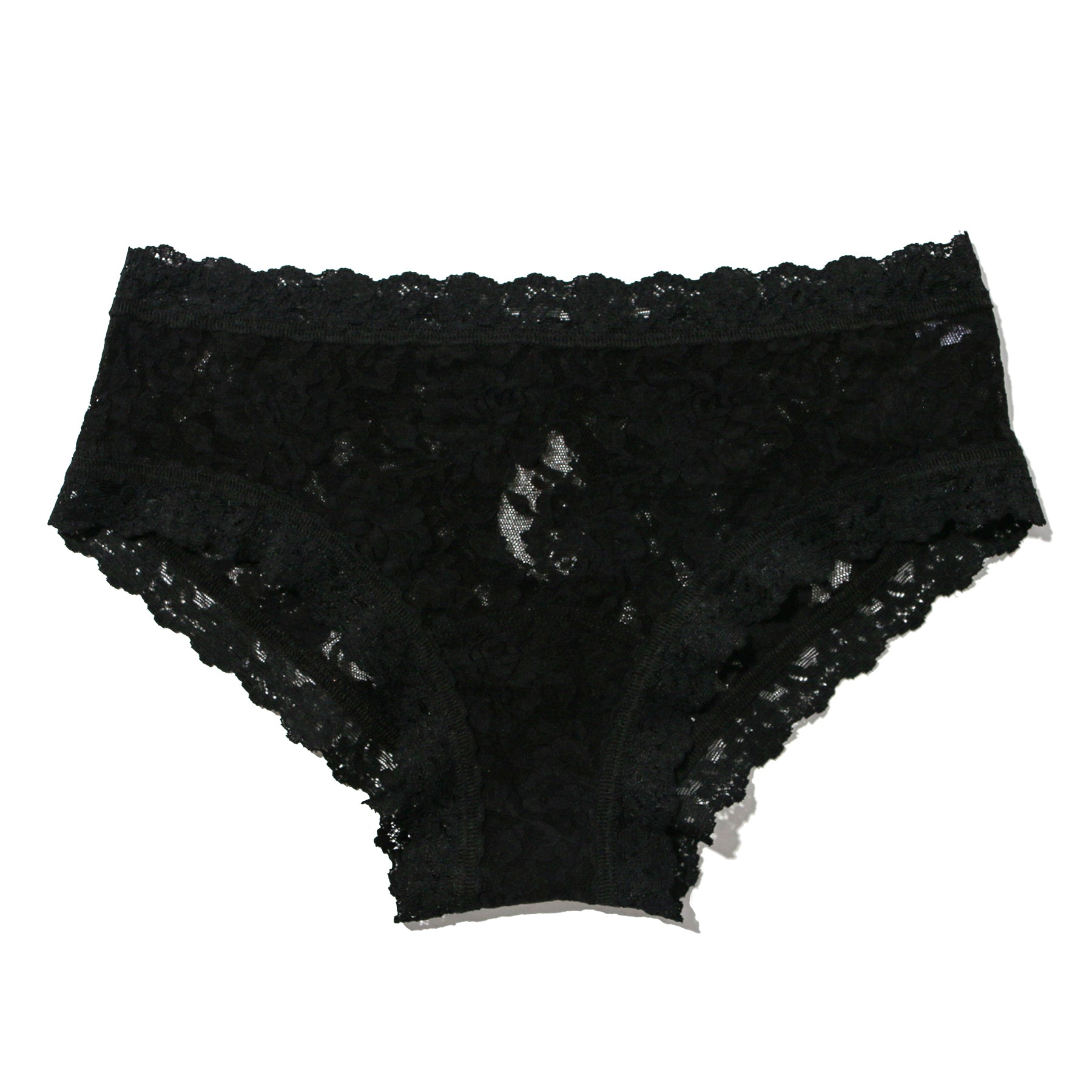 Signature Stretch Lace Cheeky Panty with heyhole back in black. Front view without model.