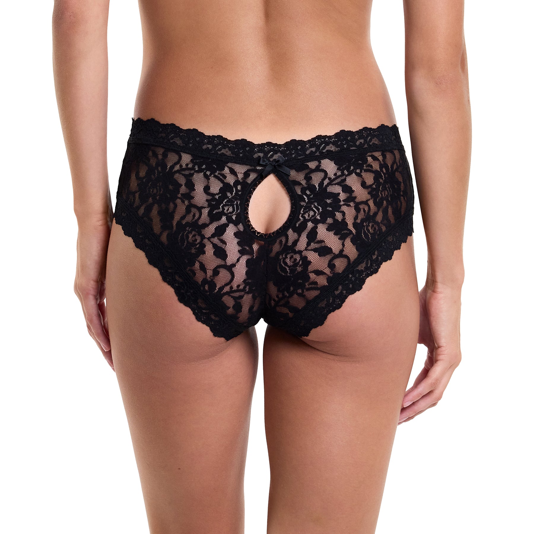 Signature Stretch Lace Cheeky Panty with heyhole back in black. Rear view on model.