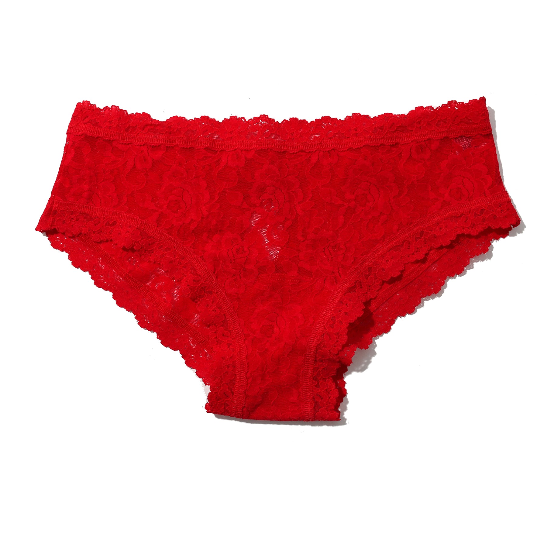 Signature Stretch Lace Cheeky Panty with heyhole back in red. Front view without model.