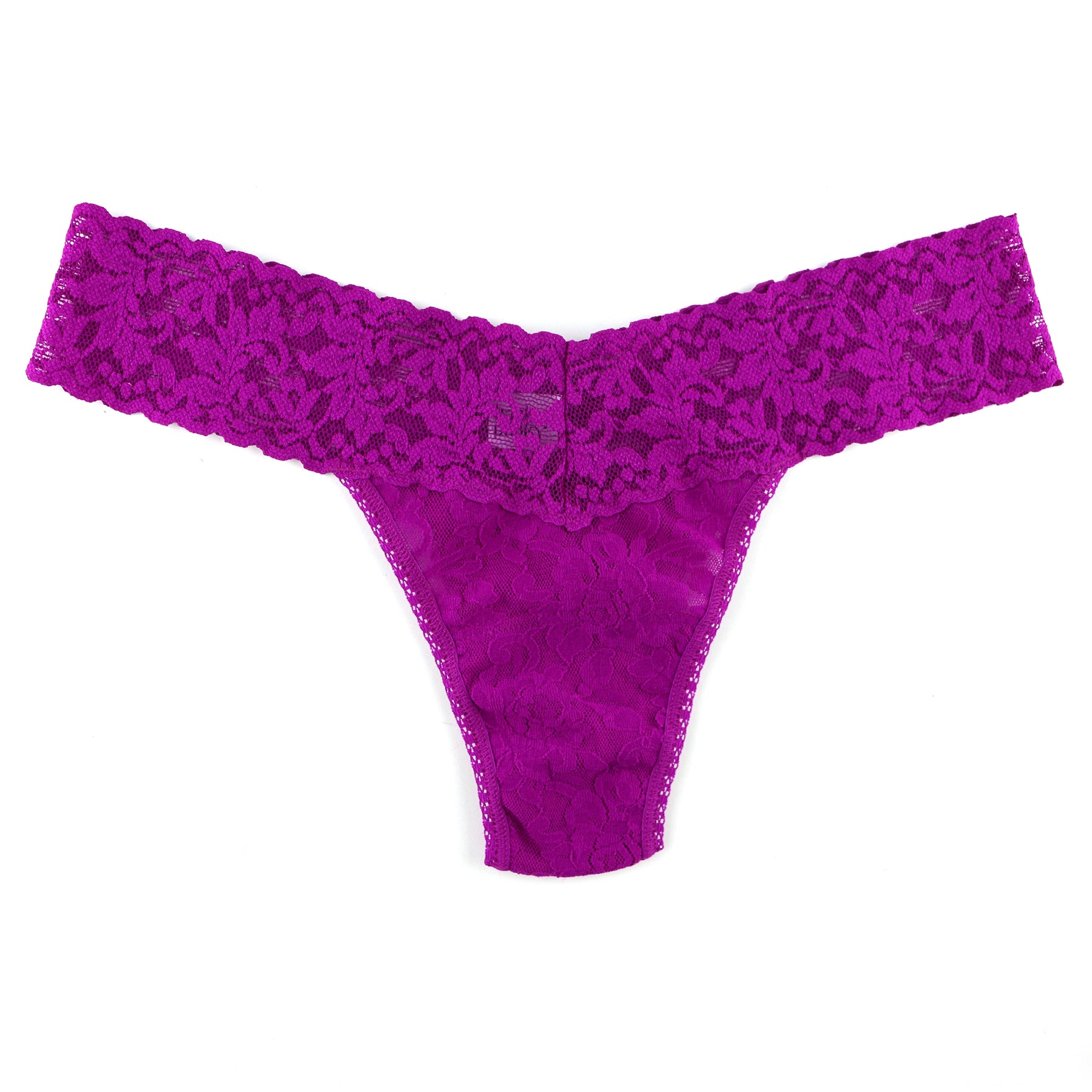 Countess pink magenta colour low rise lace thong. Front view without model.