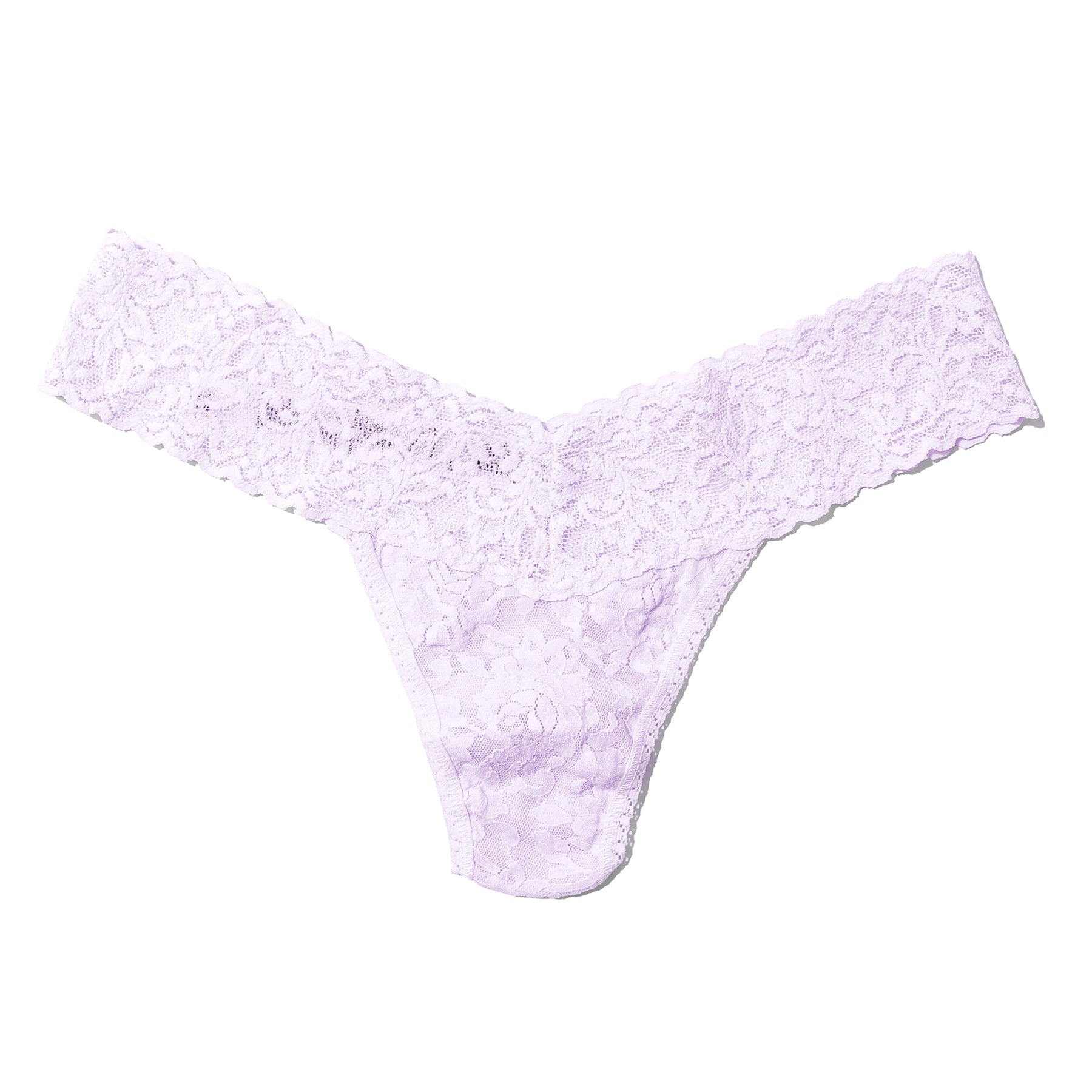 Lace low rise thong in lovely lilac light purple. Flat lay, without model.