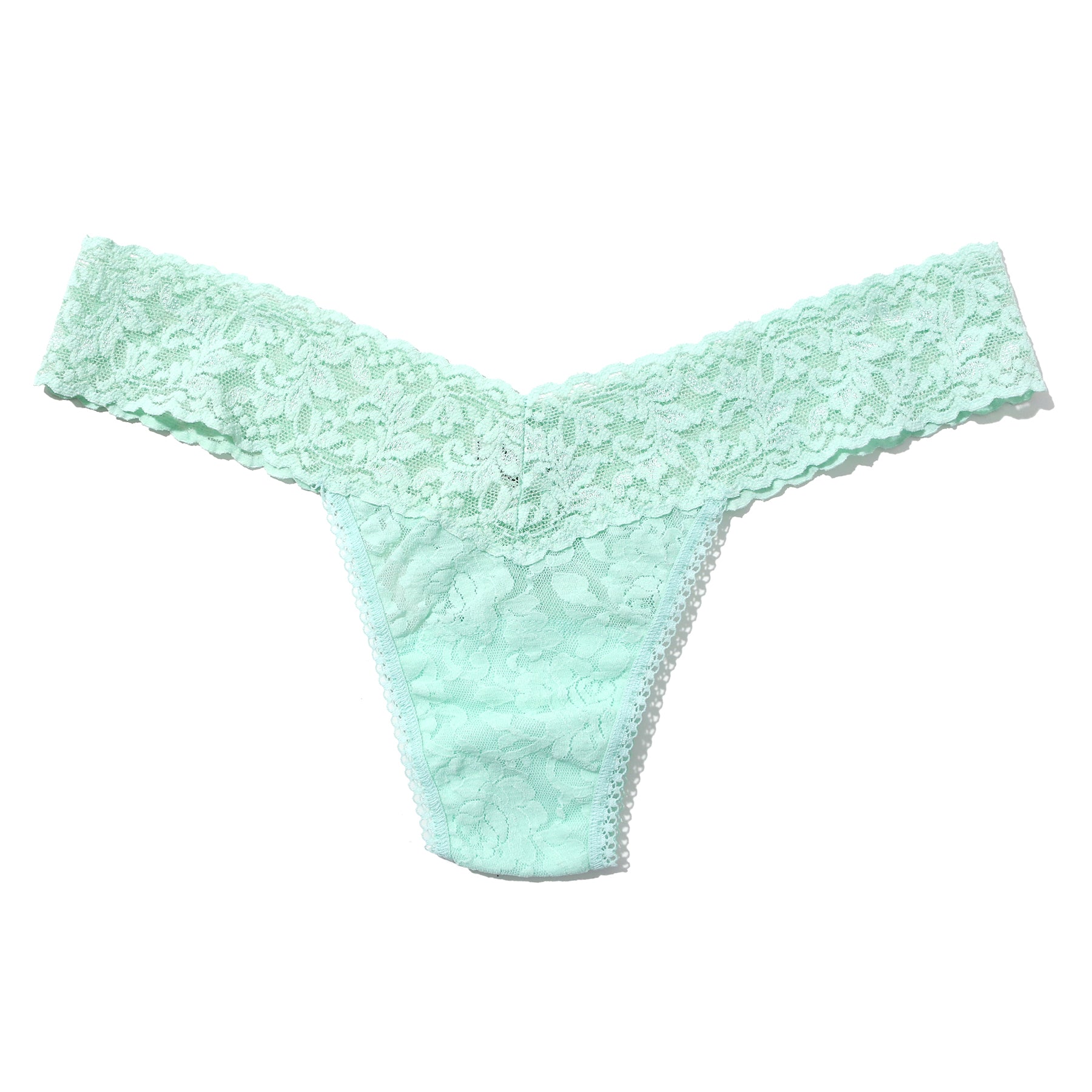 Pistachio mint green lace low rise thong. Front view without model.