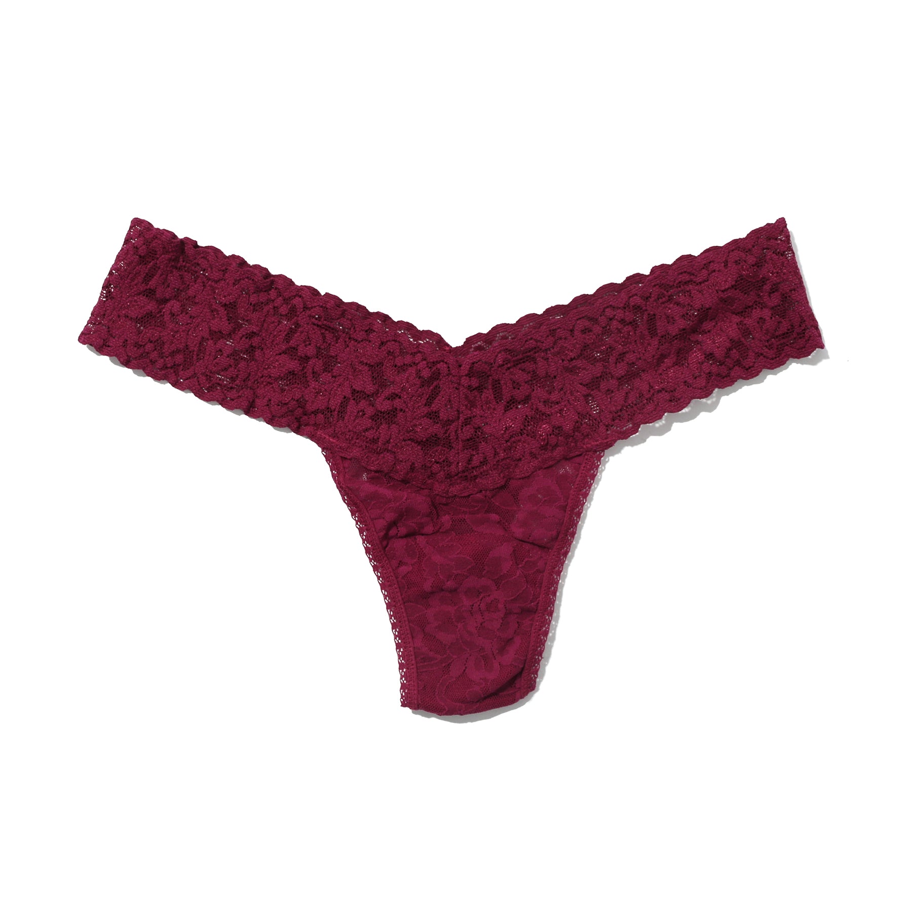 hanky panky lace low rise thong in burgundy sugar plum flat lay