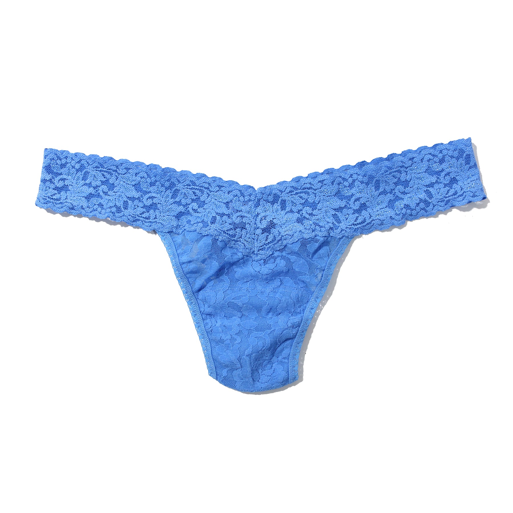 Hanky Panky lace low rise thong in take the plunge blue, flat lay without model.