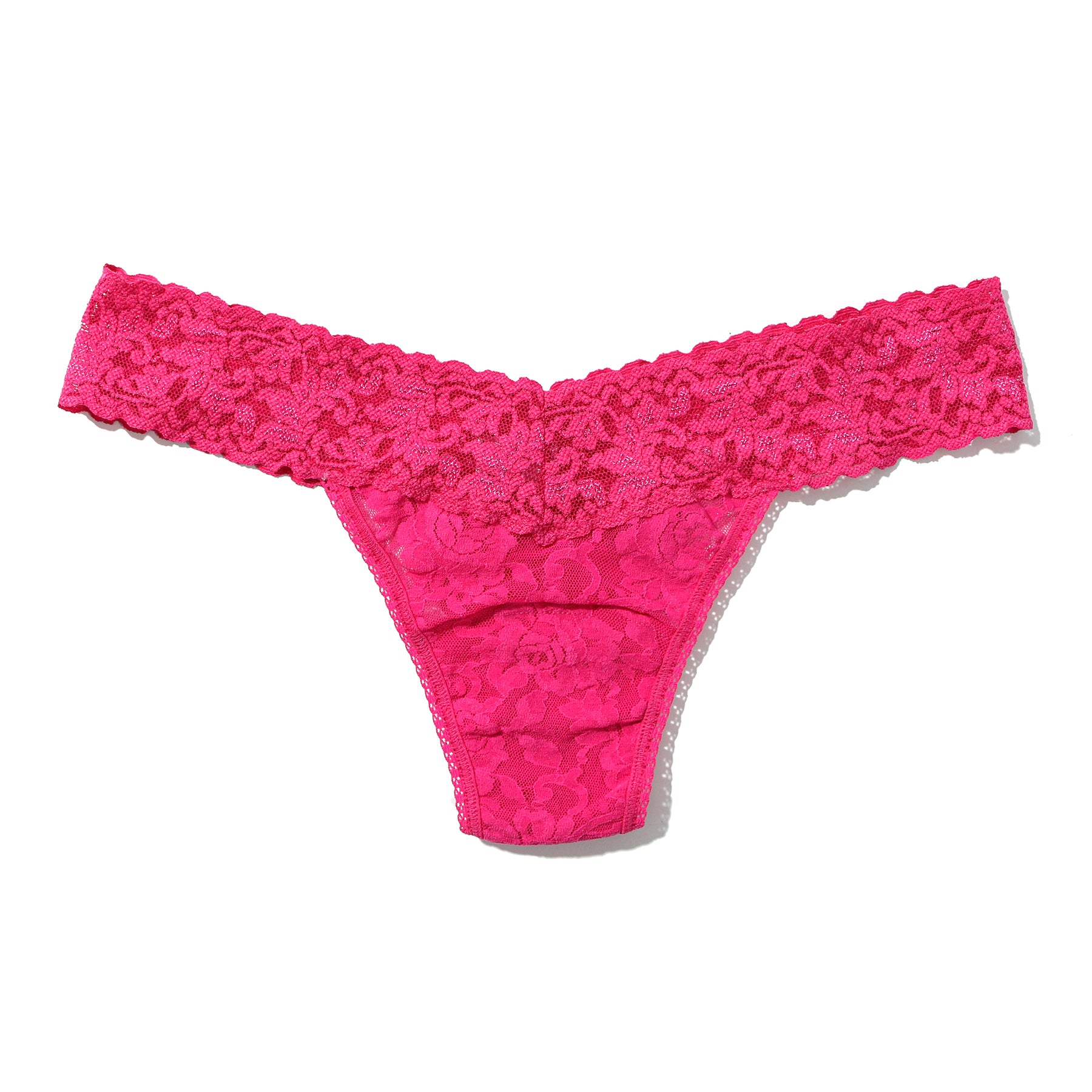 Hanky Panky lace low rise thong in  un-beet-able pink, flat lay without model.