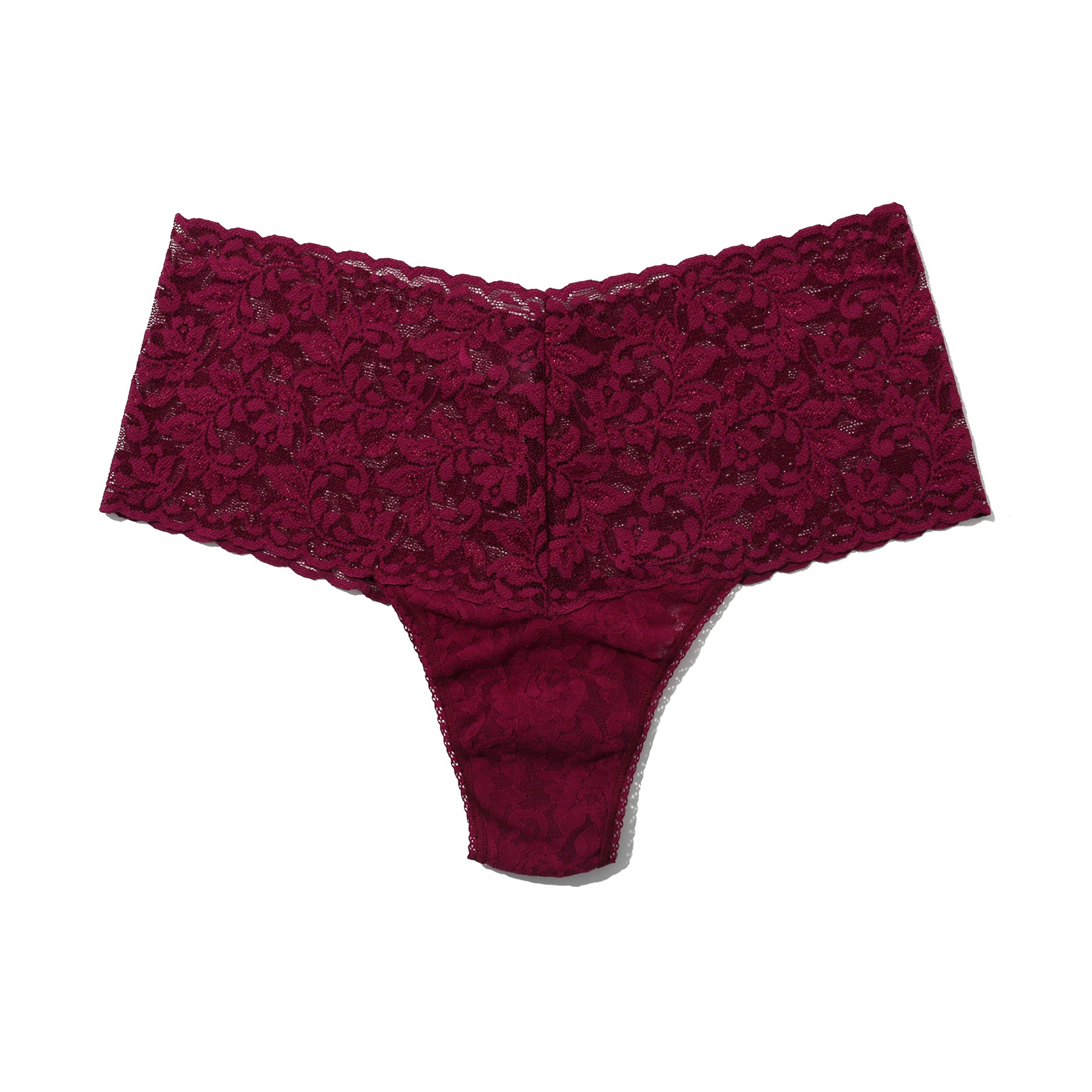 hanky panky lace retro rise thong in burgundy sugar plum flat lay