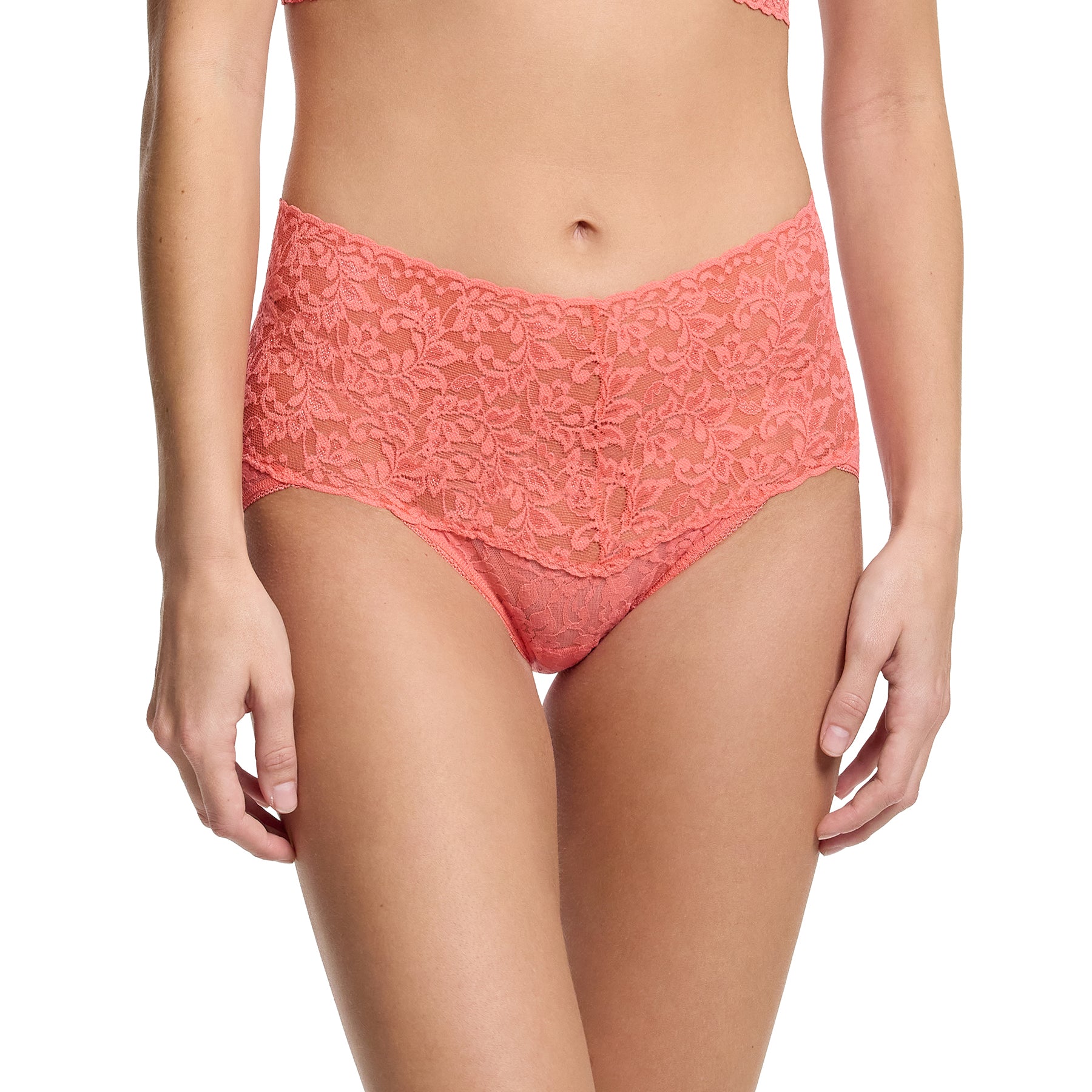 Hanky panky lace high waist brief v-kini waist in courageous coral orange pink, front view on model.