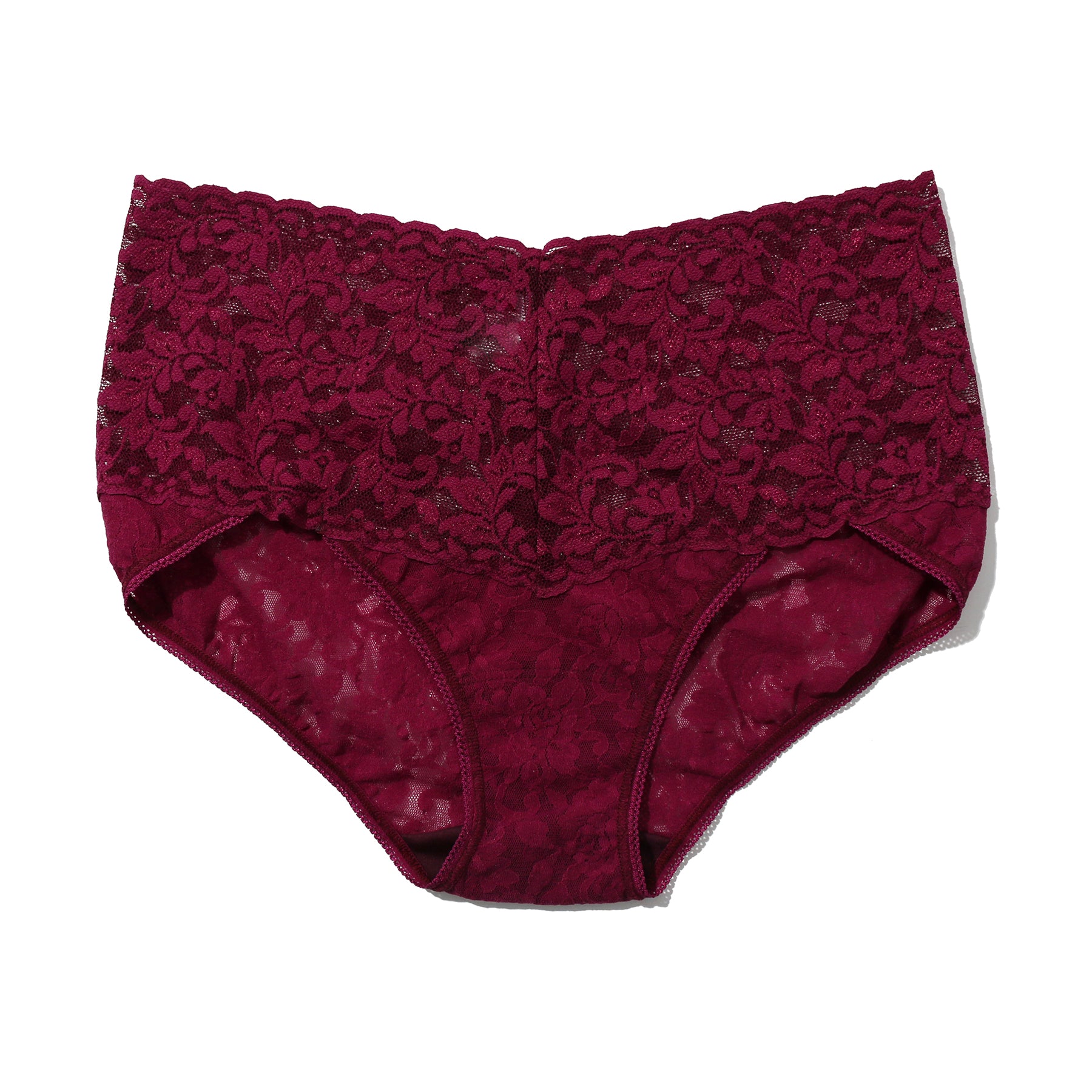 Hanky panky lace high waist brief v-kini waist in burgundy sugar plum, flat lay without model.