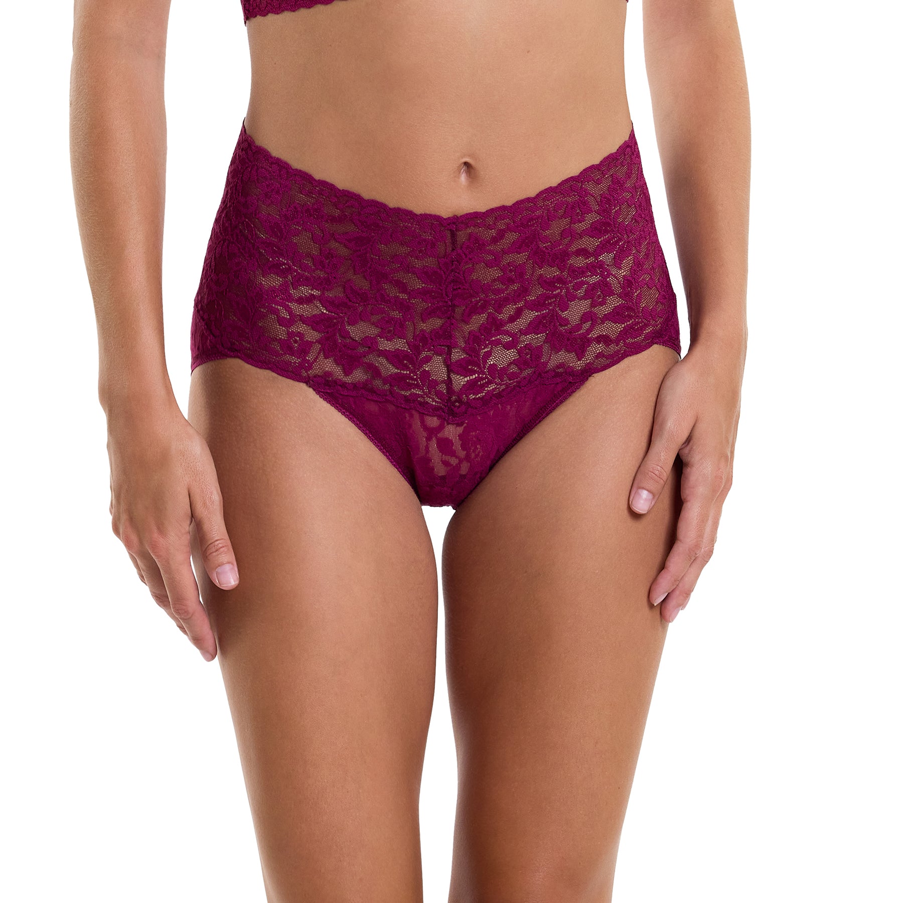 hanky panky lace high waist brief v-kini waist in burgundy sugar plum on model front view