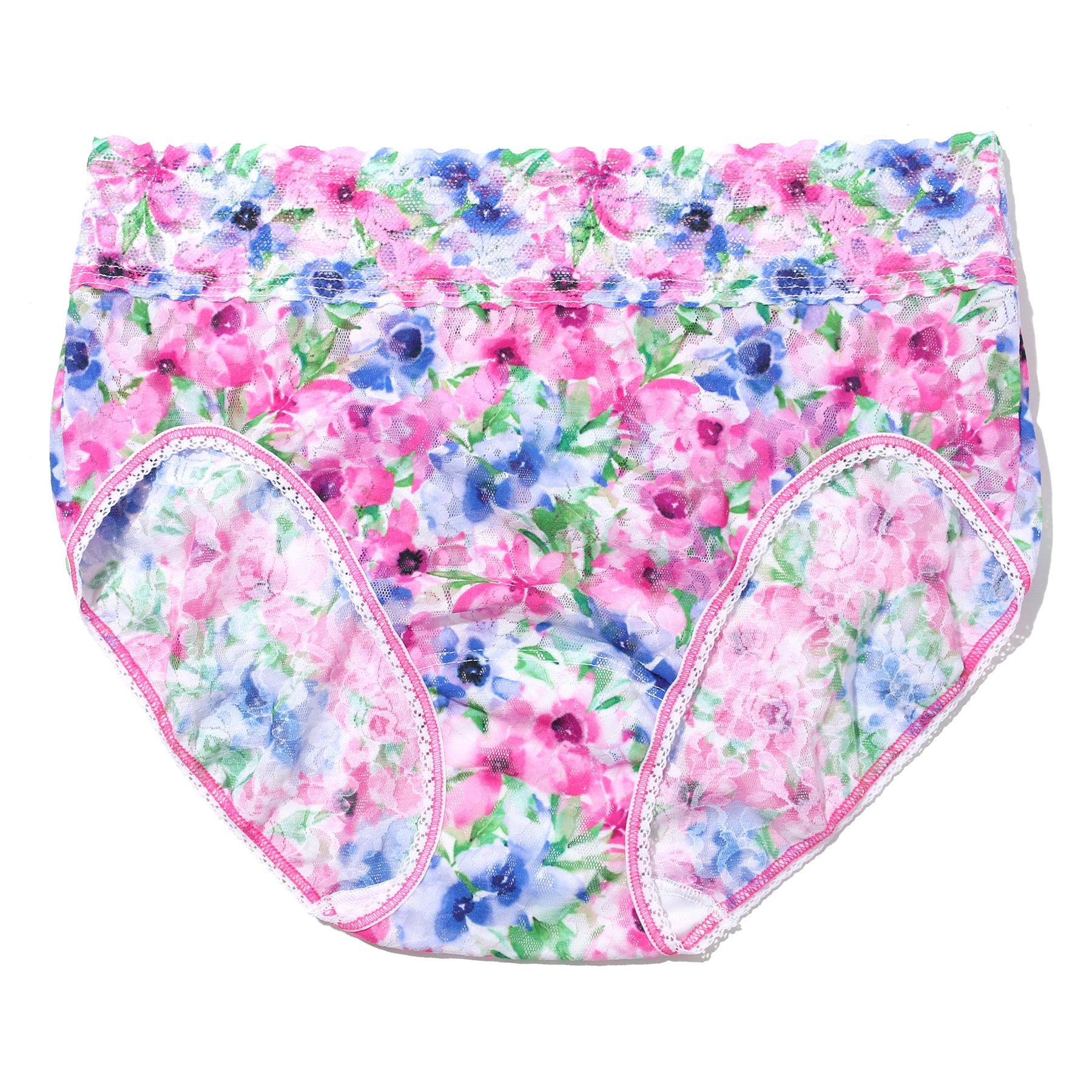 Hanky Panky printed lace high waist french cut full brief in paint and pour: pink, green and blue florals on a white background, flat lay without model.